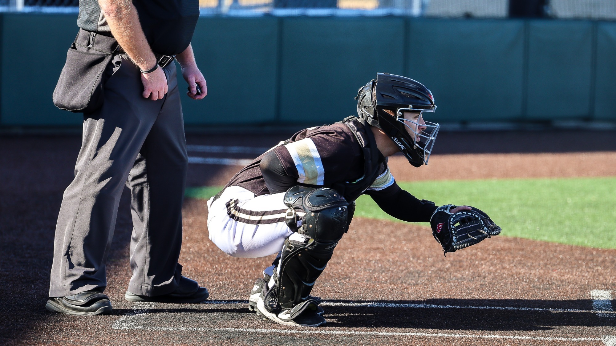 JAKE Shedarowich sits in his catchers stance 