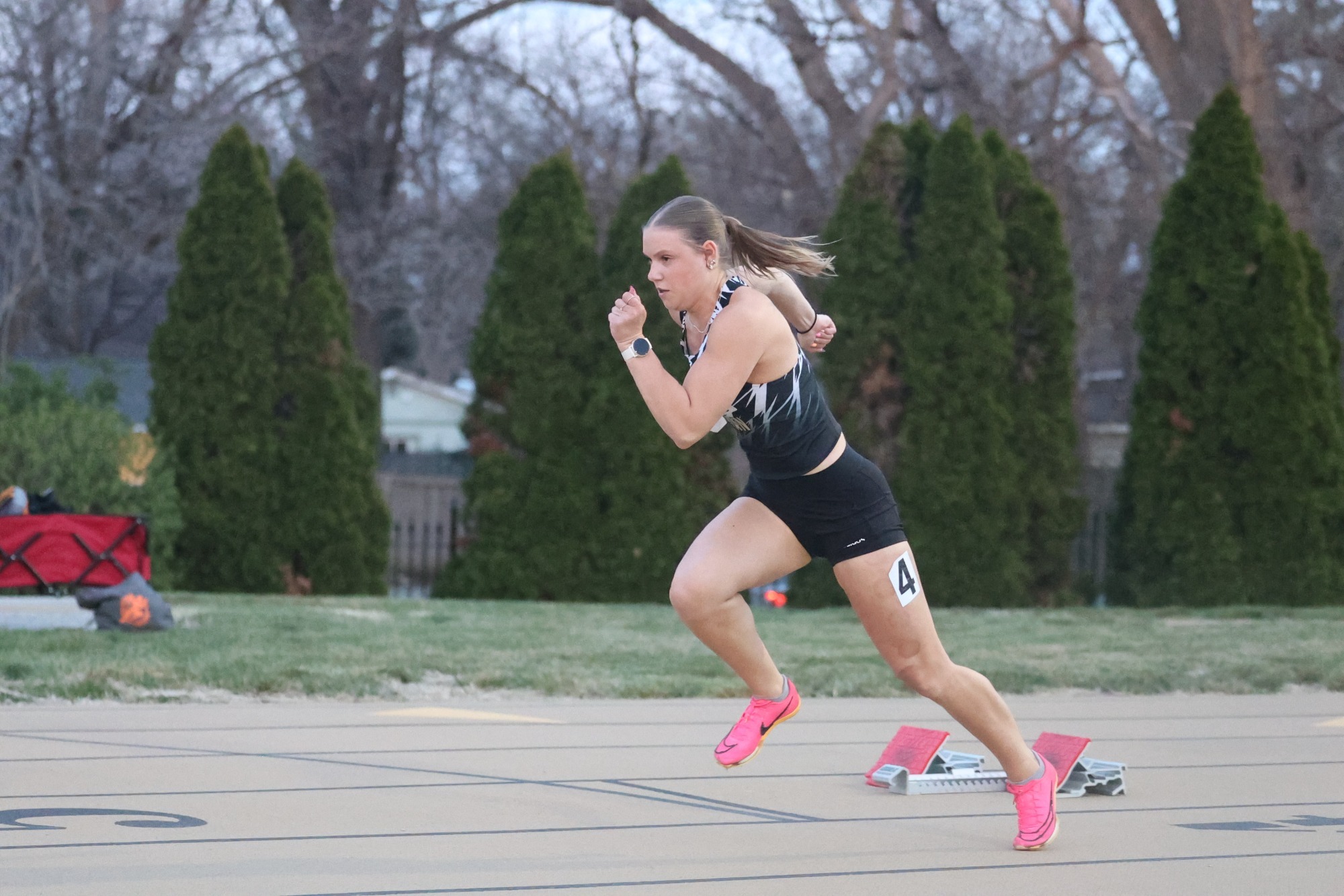 Raegan Levi pushes out of the blocks at the Doane-NWU dual