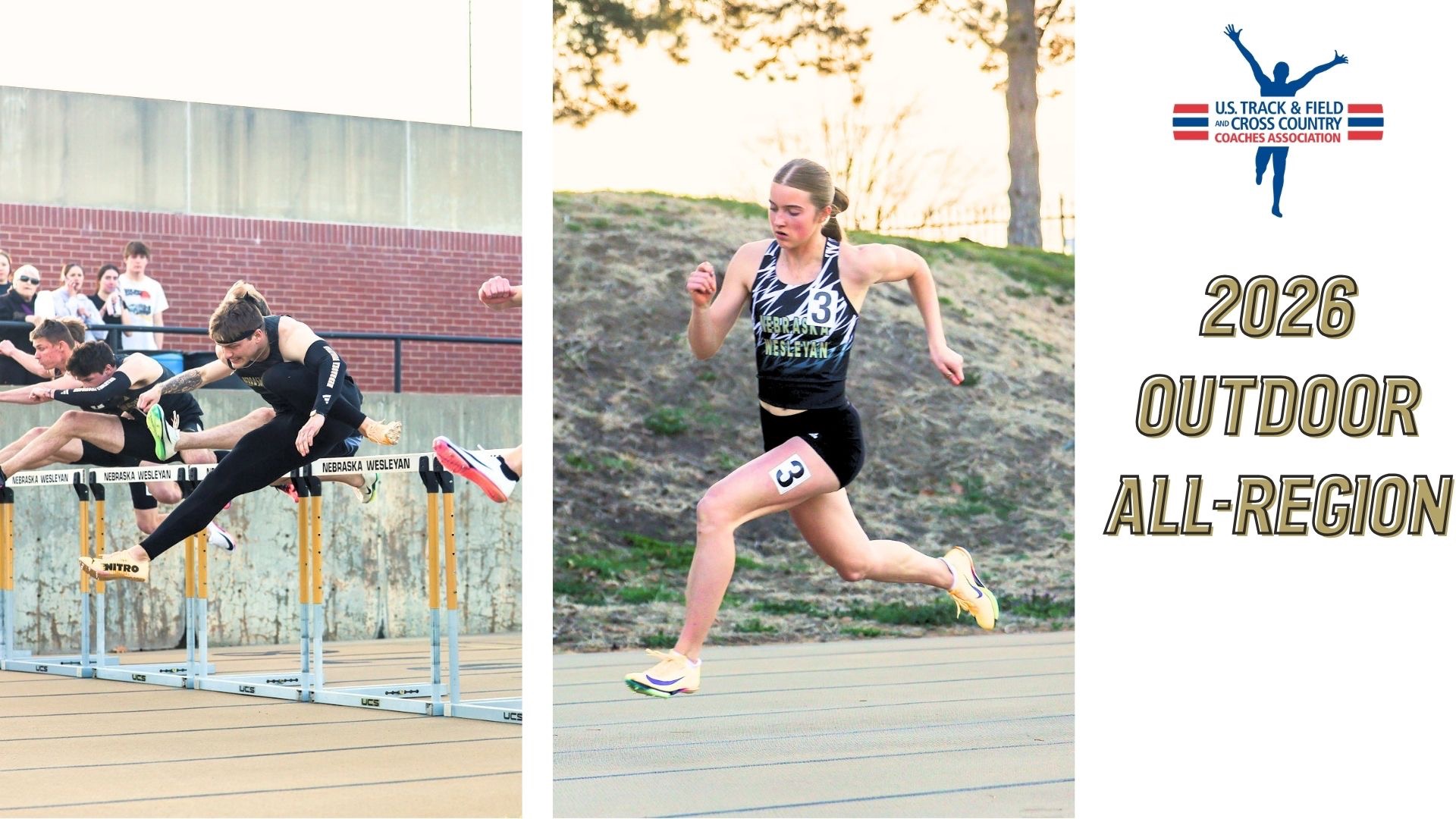 USTFCCCA All-Region graphic with Eli Etherton jumping over a hurdle and Ainsley Galyen rounding a curve.