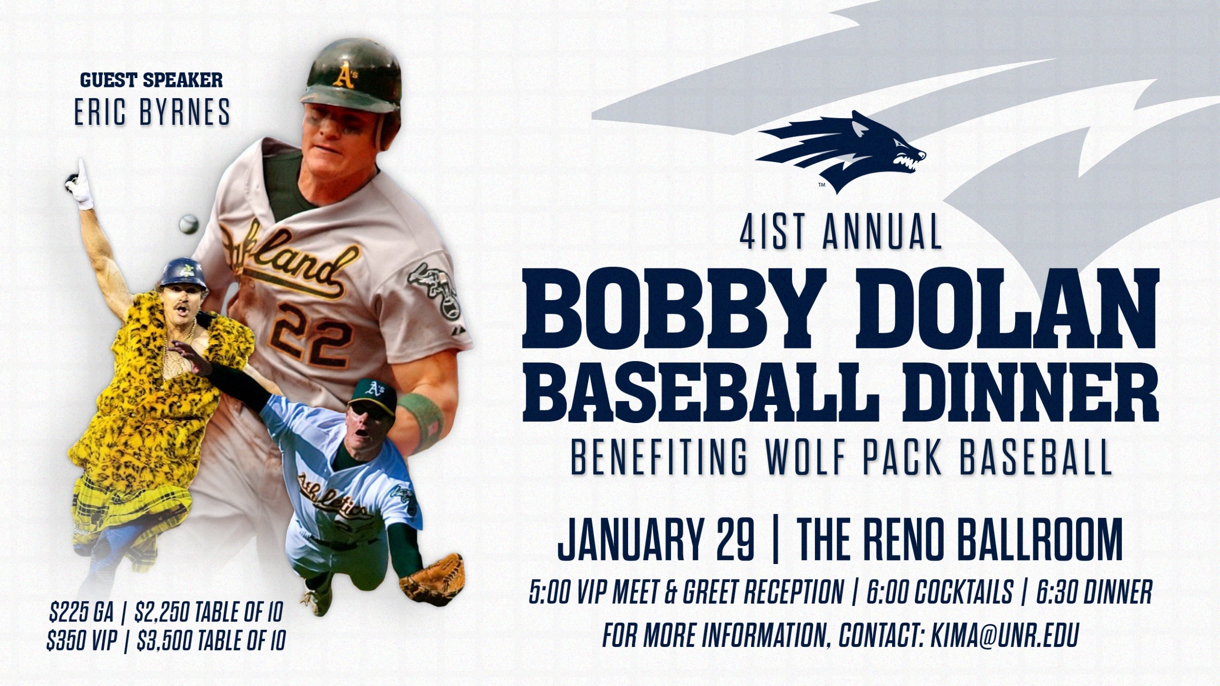 Graphic with text 41st Annual Bobby Dolan Dinner featured speaker Eric Byrnes with an image of Eric Byrnes