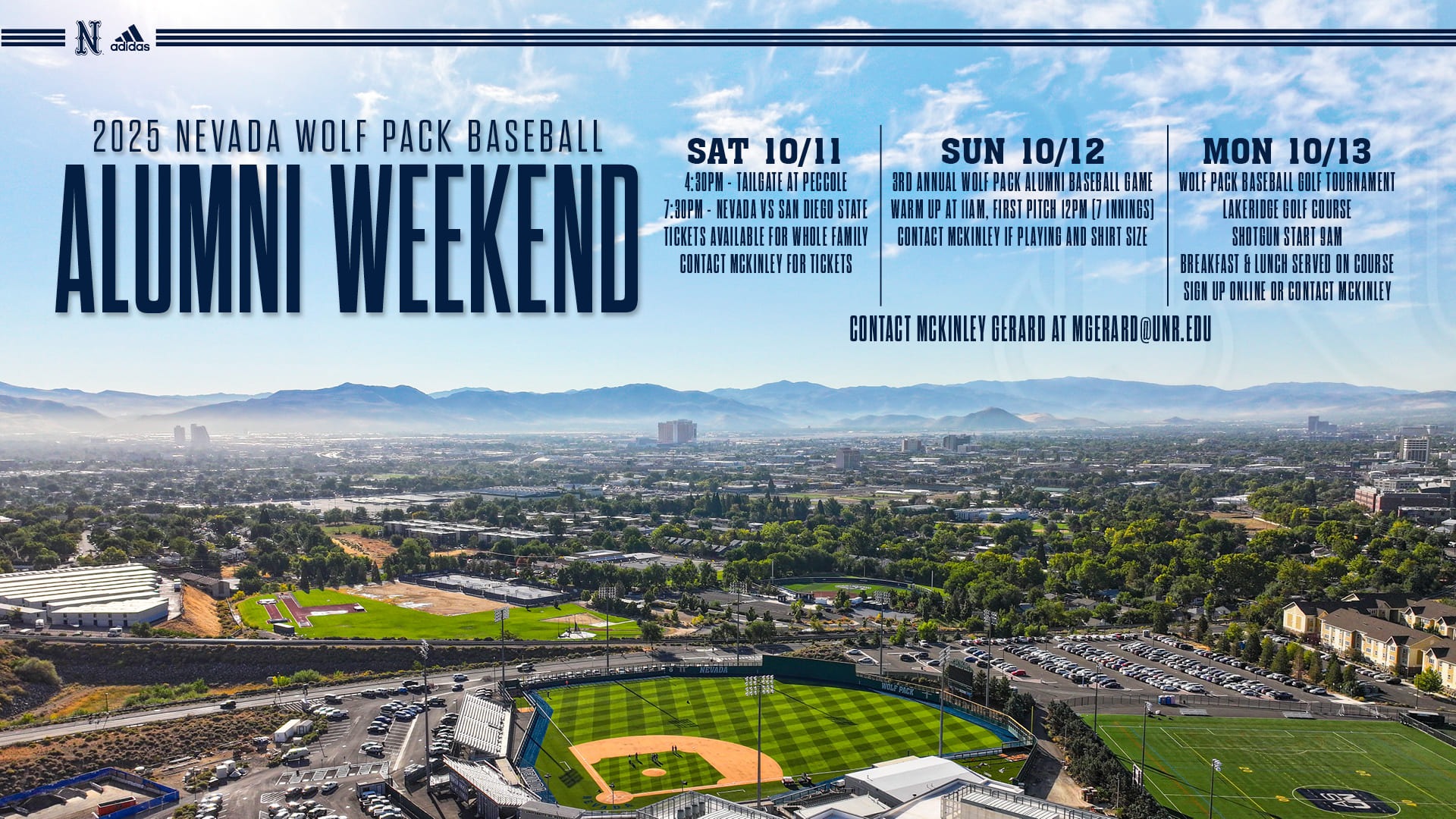 Graphic with overhead image of Peccole Park and text 2025 Wolf Pack Baseball Alumni Weekend