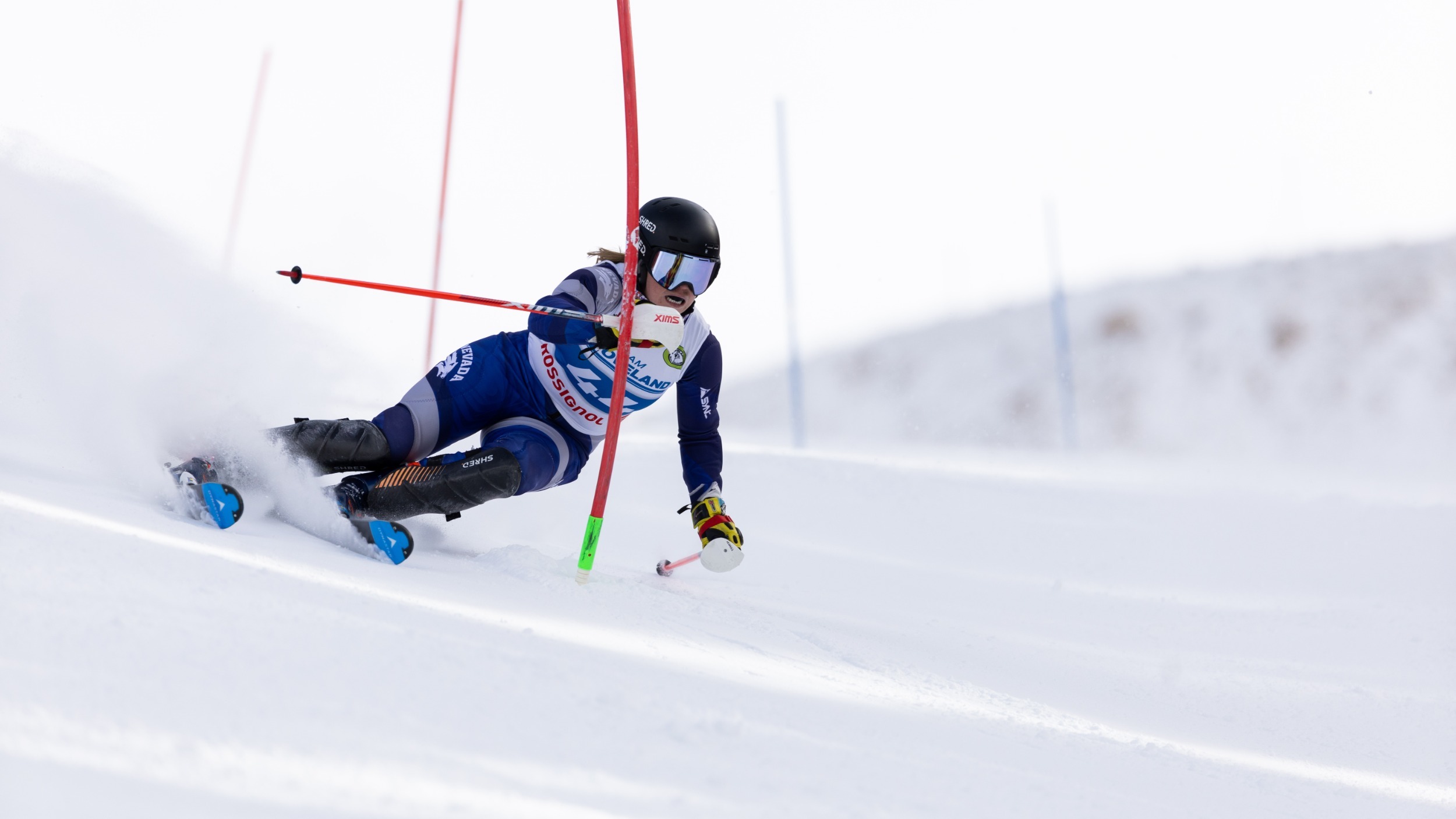 Erica Lynch skis around a red slalom gate