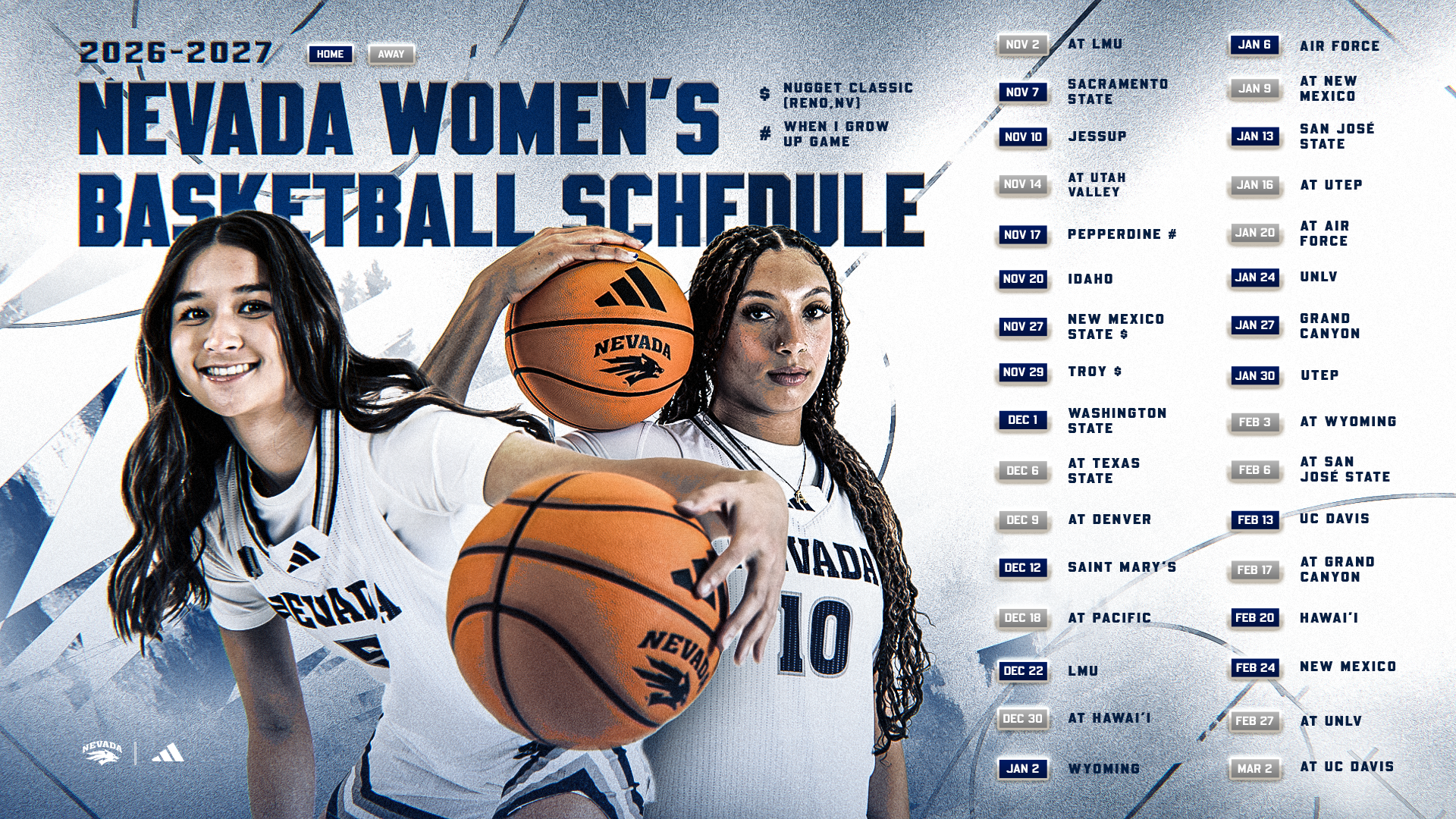 Two Nevada women's basketball players in white uniforms with text 2026-27 WOMEN'S BASKETBALL SCHEDULE