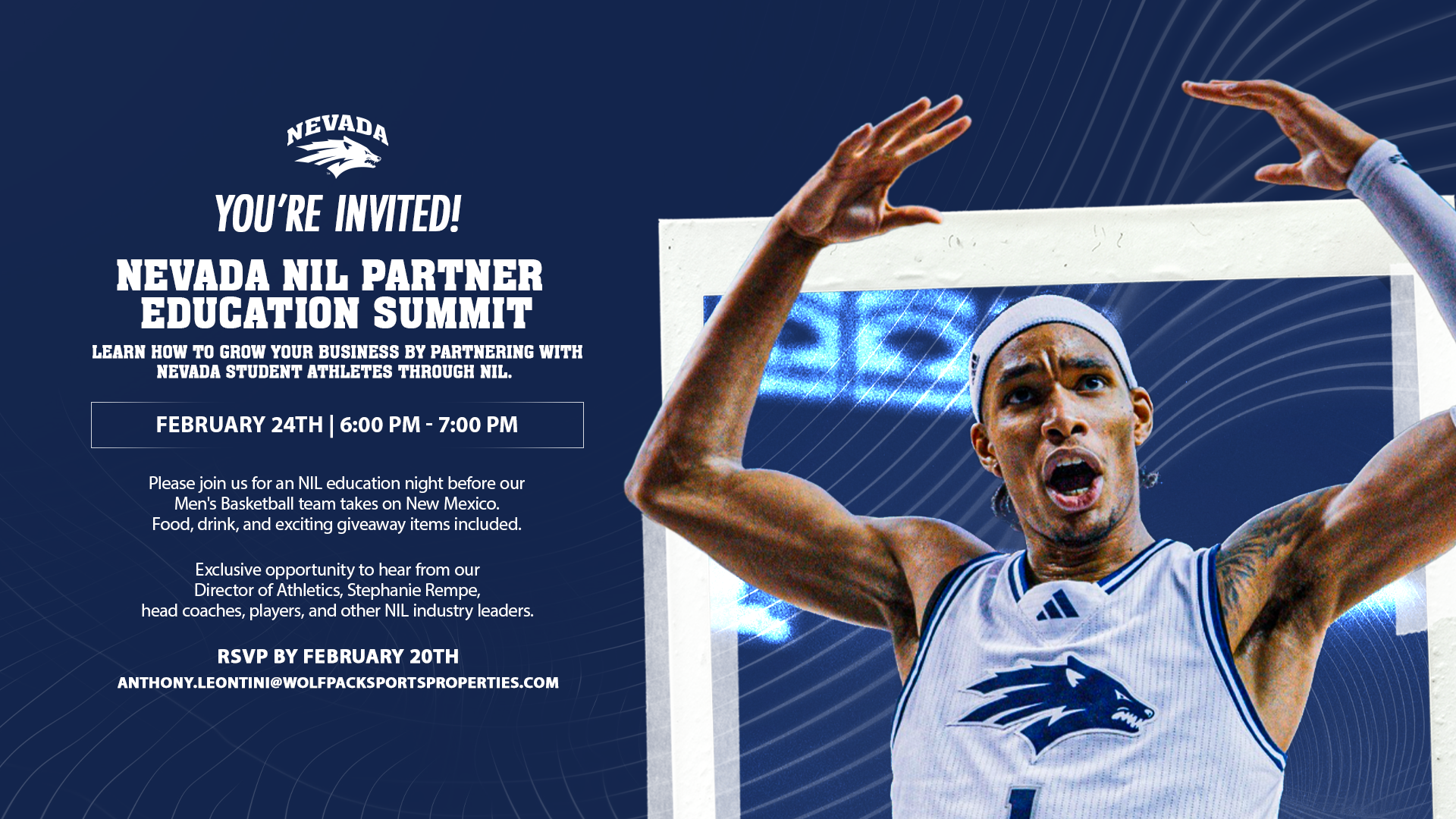 Graphic on navy background with Nevada men's basketball player featured with text NEVADA NIL PARTNER EDUCATION SUMMIT