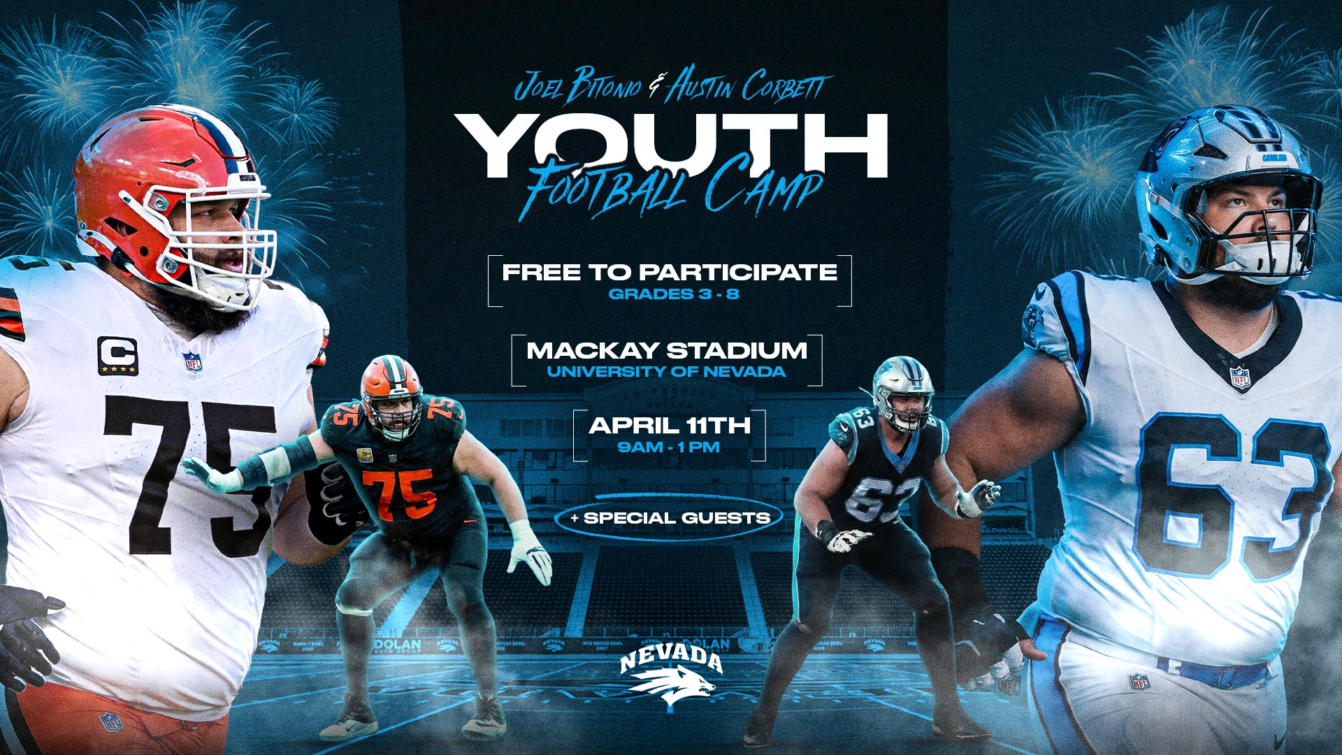 Graphic with images of Joel Bitonio and Austin Corbett in football uniforms with text FOOTBALL YOUTH CLINIC APRIL 11