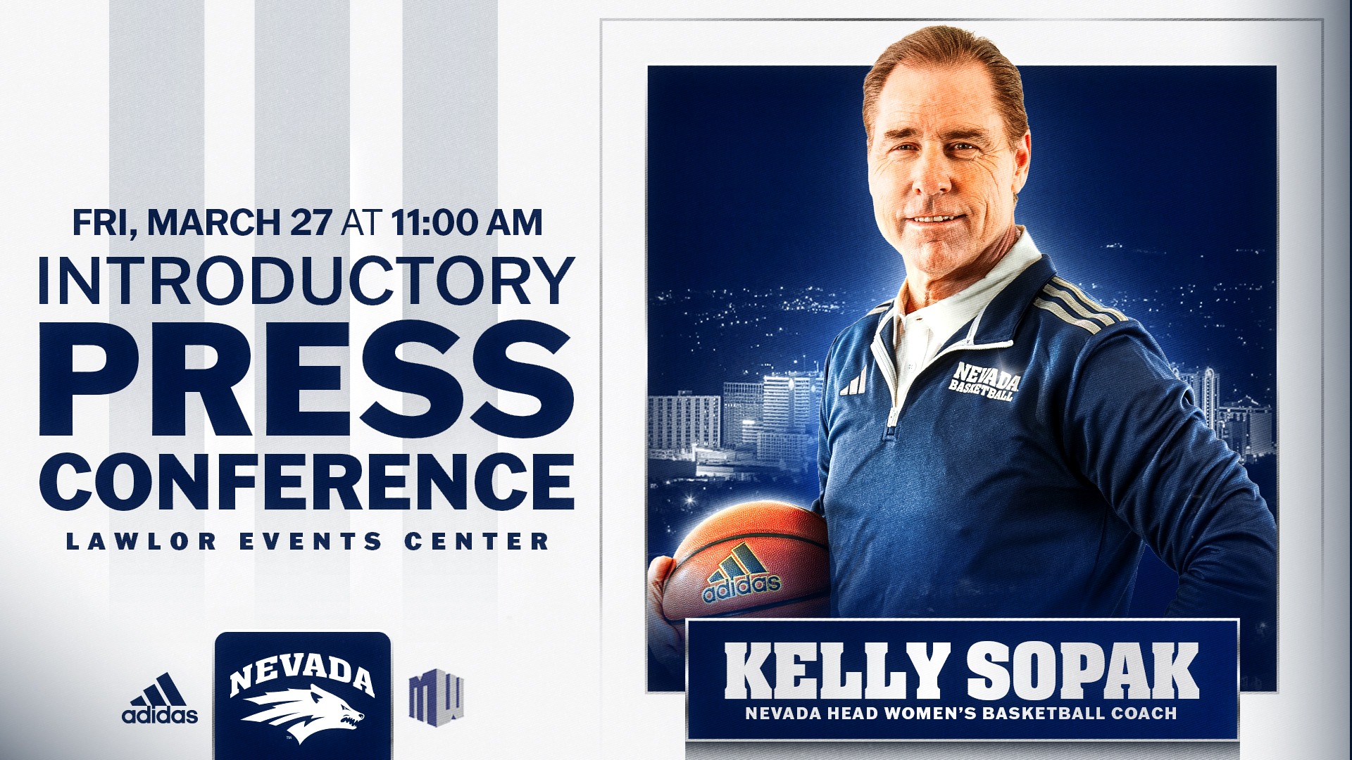 Graphic with image of Kelly Sopak and text PRESS CONFERENCE FRIDAY MARCH 27