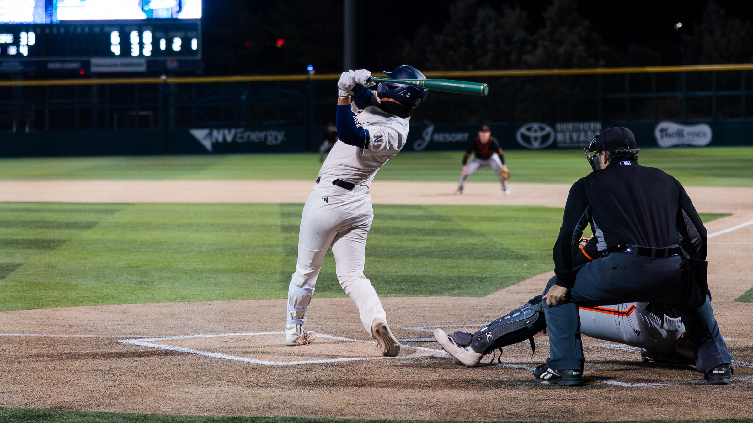 Nevada baseball player in his backswing