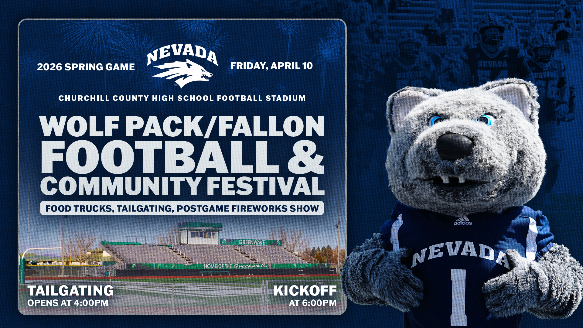 Graphic for 2026 Nevada Football Spring game with image of Wolfie Jr.