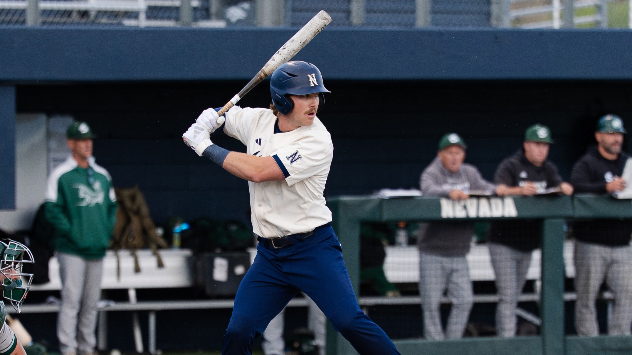 Nate Snakenborg in his batting stance waiting for a pitch