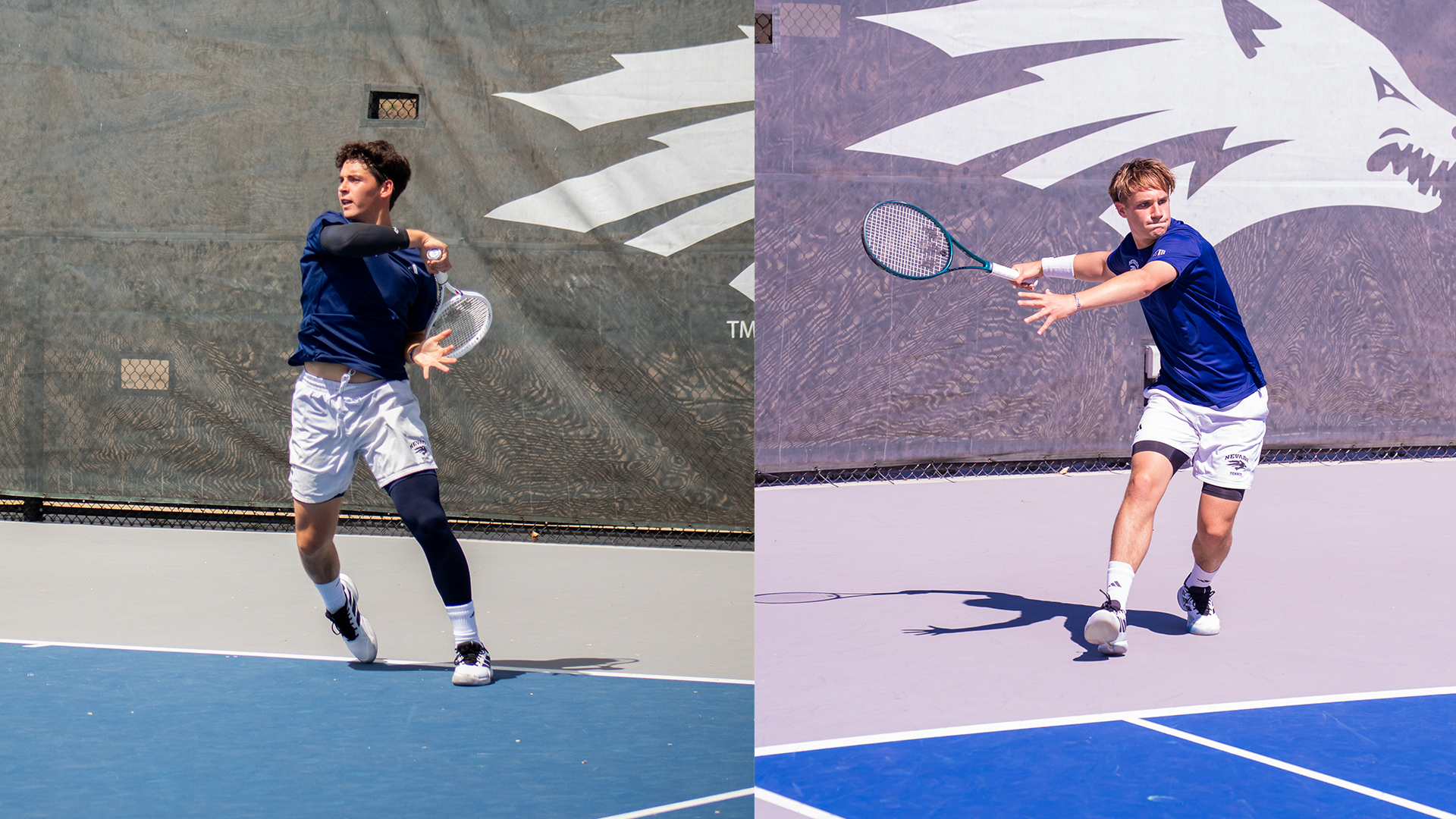 Images of Axel Huysmans and Max Contet playing tennis side by side