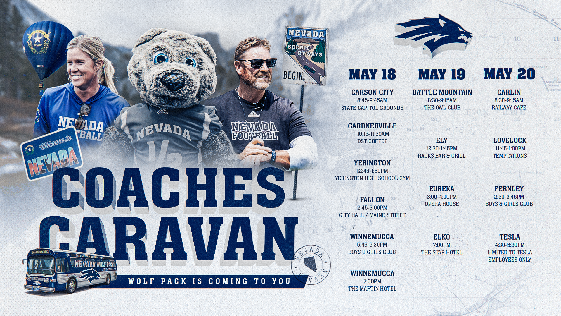 Graphic with text COACHES CARAVAN and images of mascot, Jeff Choate and Victoria Hayward