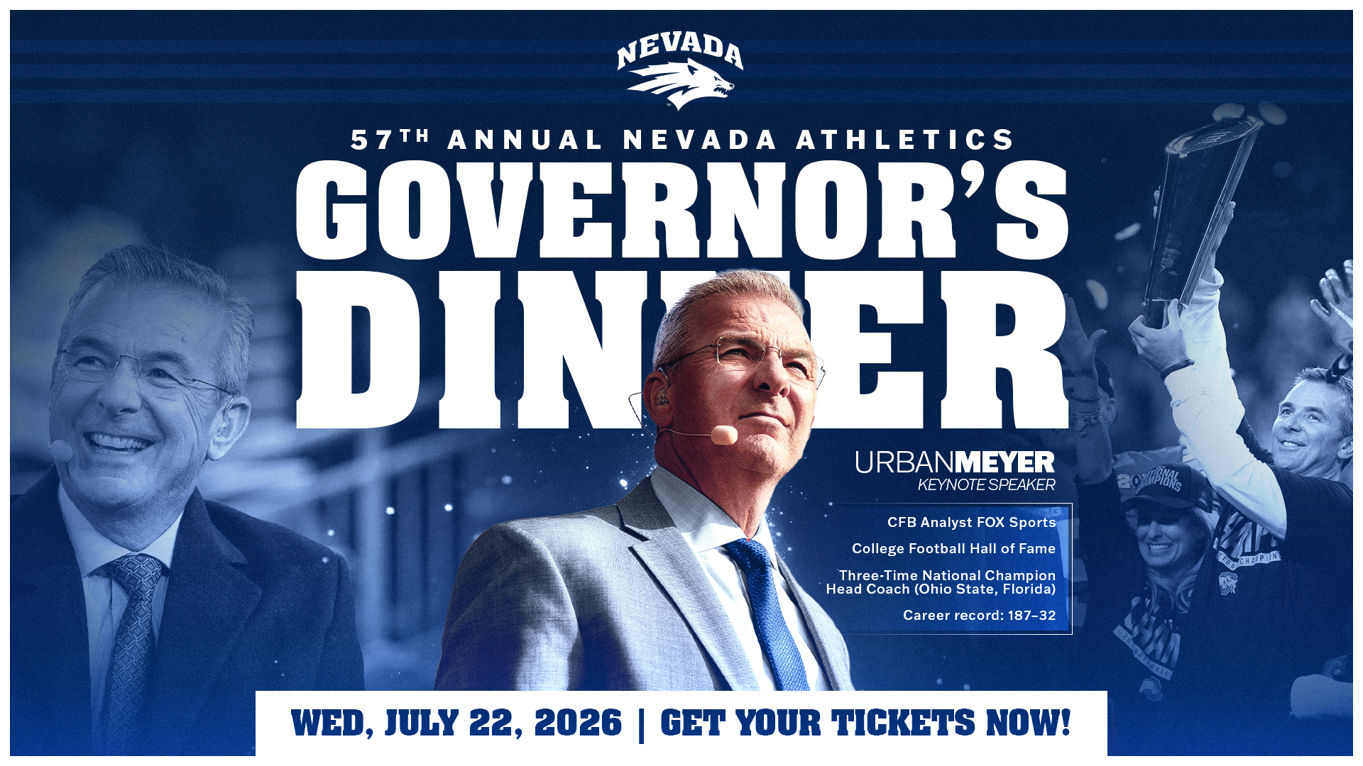 Graphic with image of Urban Meyer and text 57th Annual Governor's Dinner