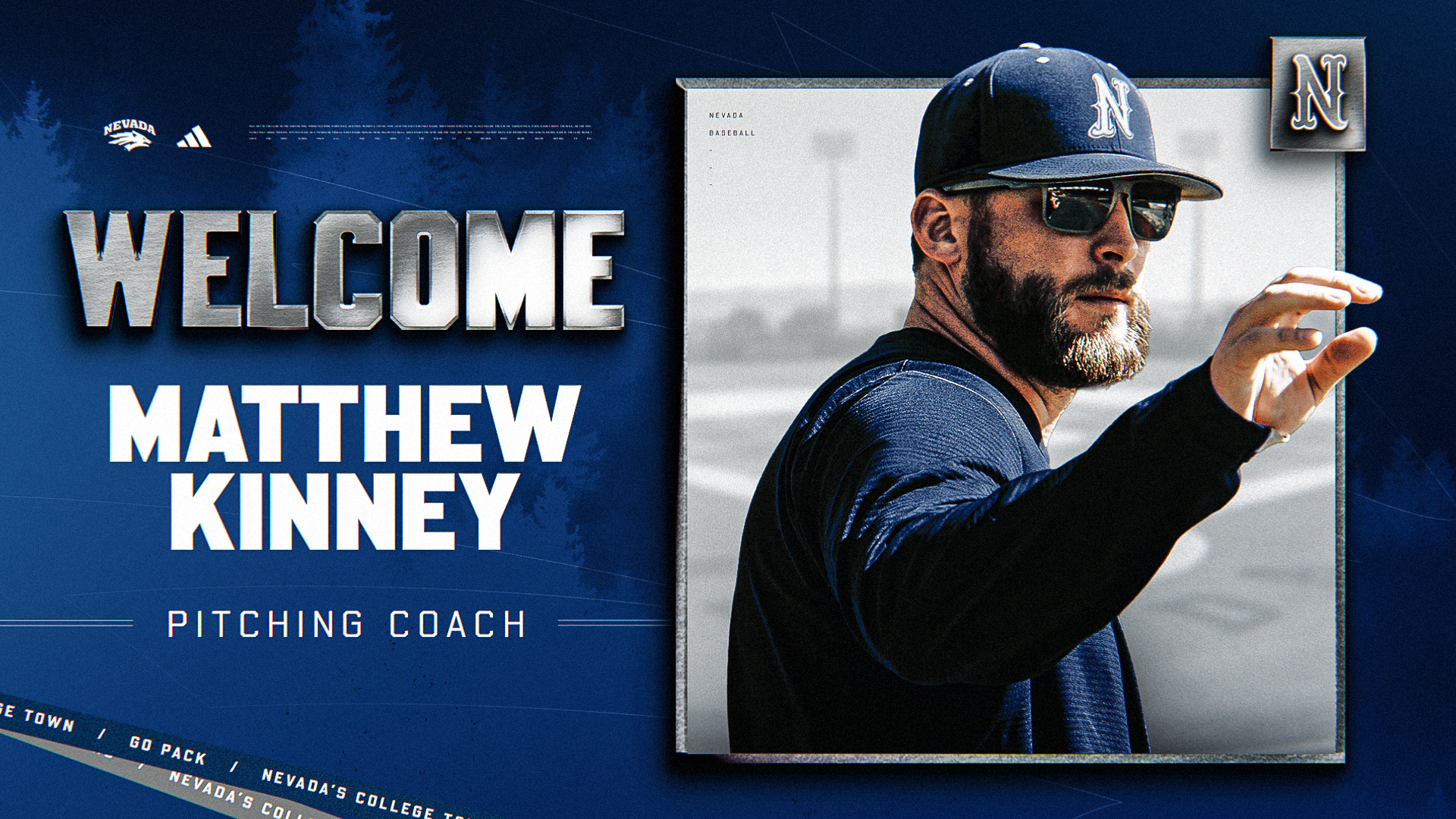Graphic with image of Matthew Kinney and text MATTHEW KINNEY PITCHING COACH