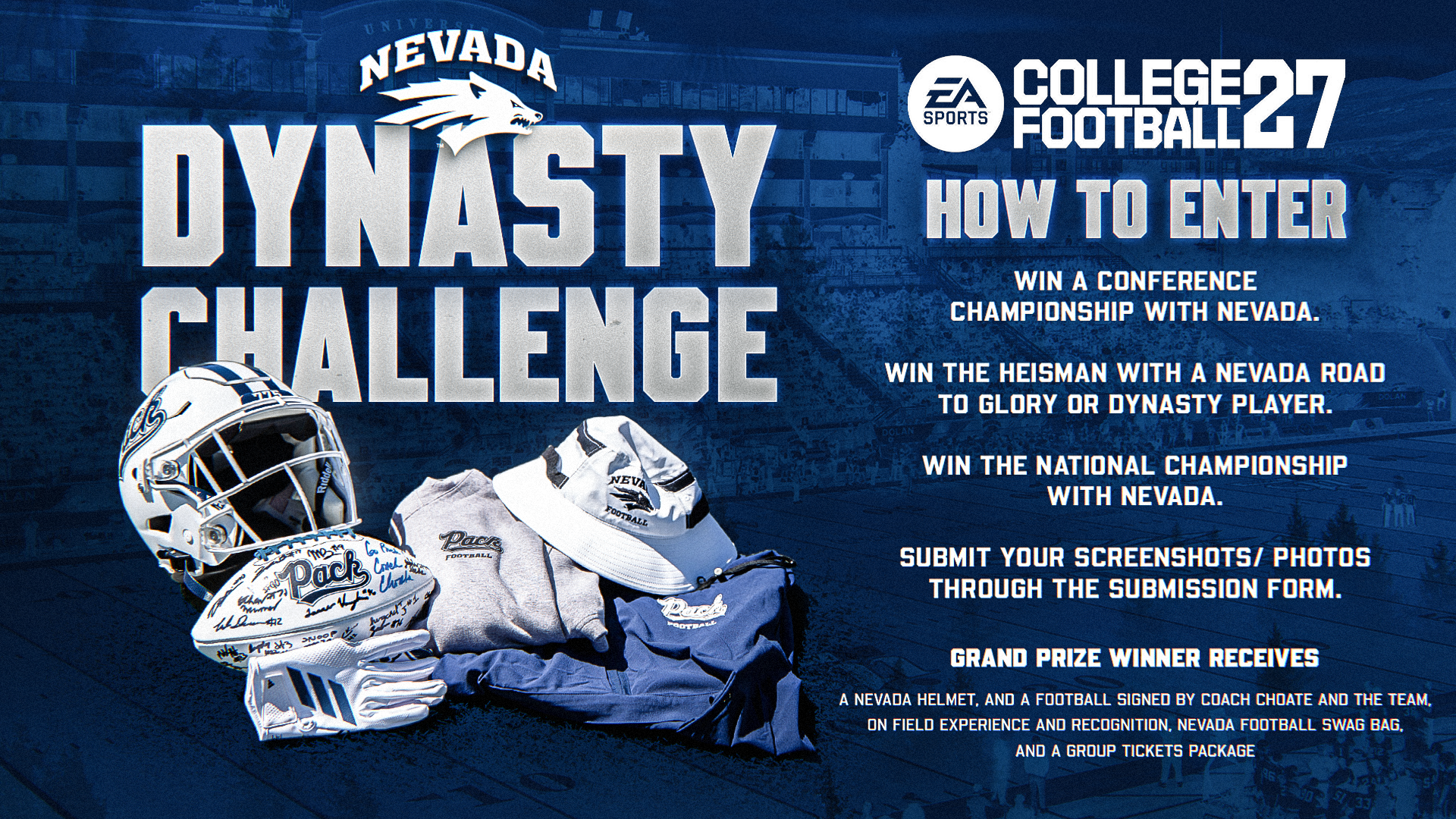 Nevada football swag with text EA SPORTS CFB 27 NEVADA DYNASTY CHALLENGE