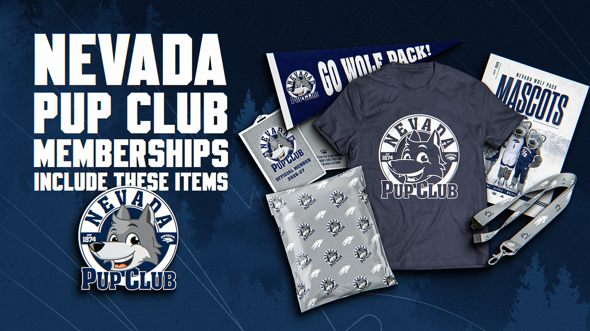 Pup Club logo with images of Pup Club t-shirt, lanyard and additional items