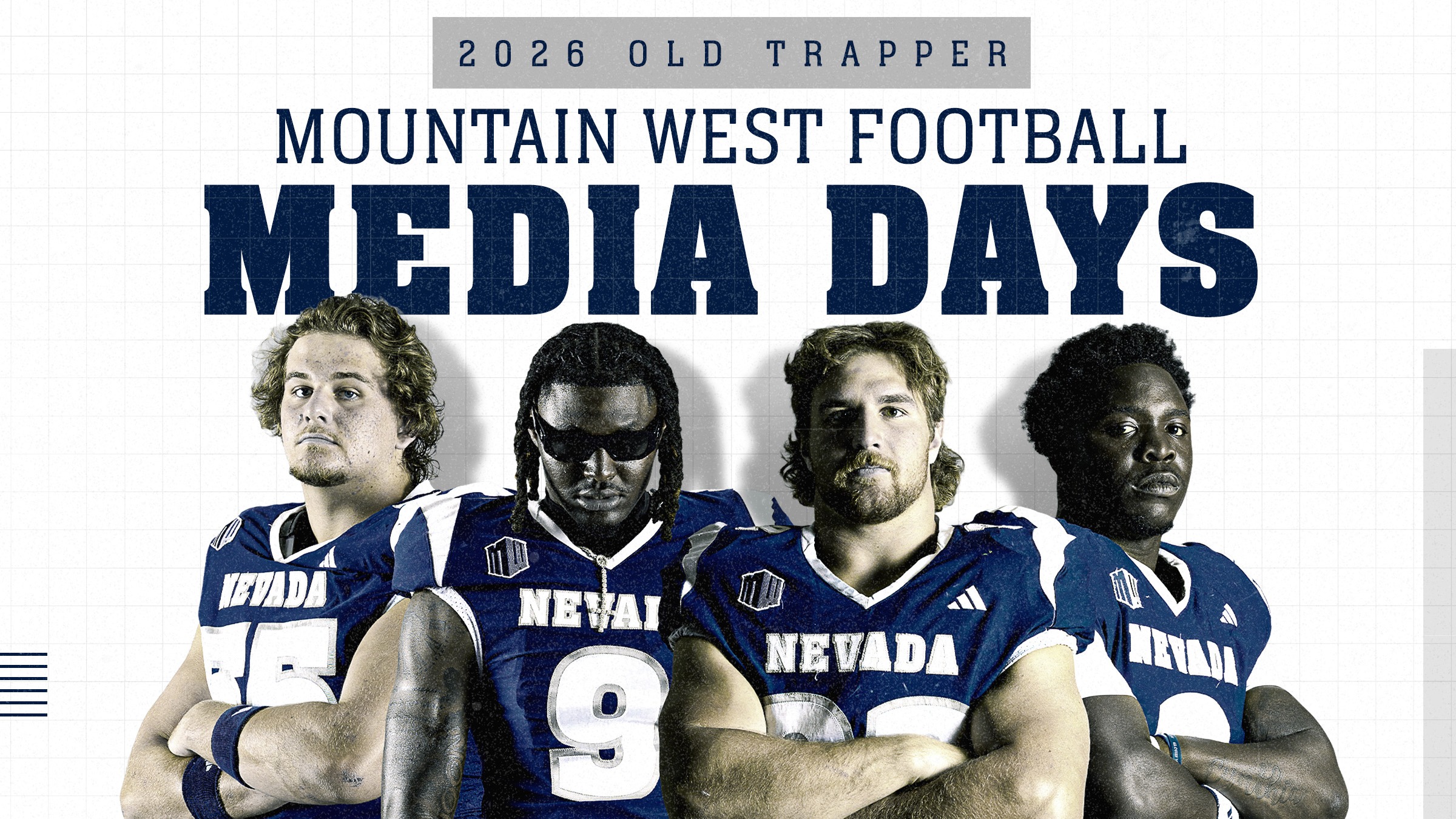 Four Nevada football players in jerseys lined up left-to-right with text 2026 MOUNTAIN WEST FOOTBALL MEDIA DAYS