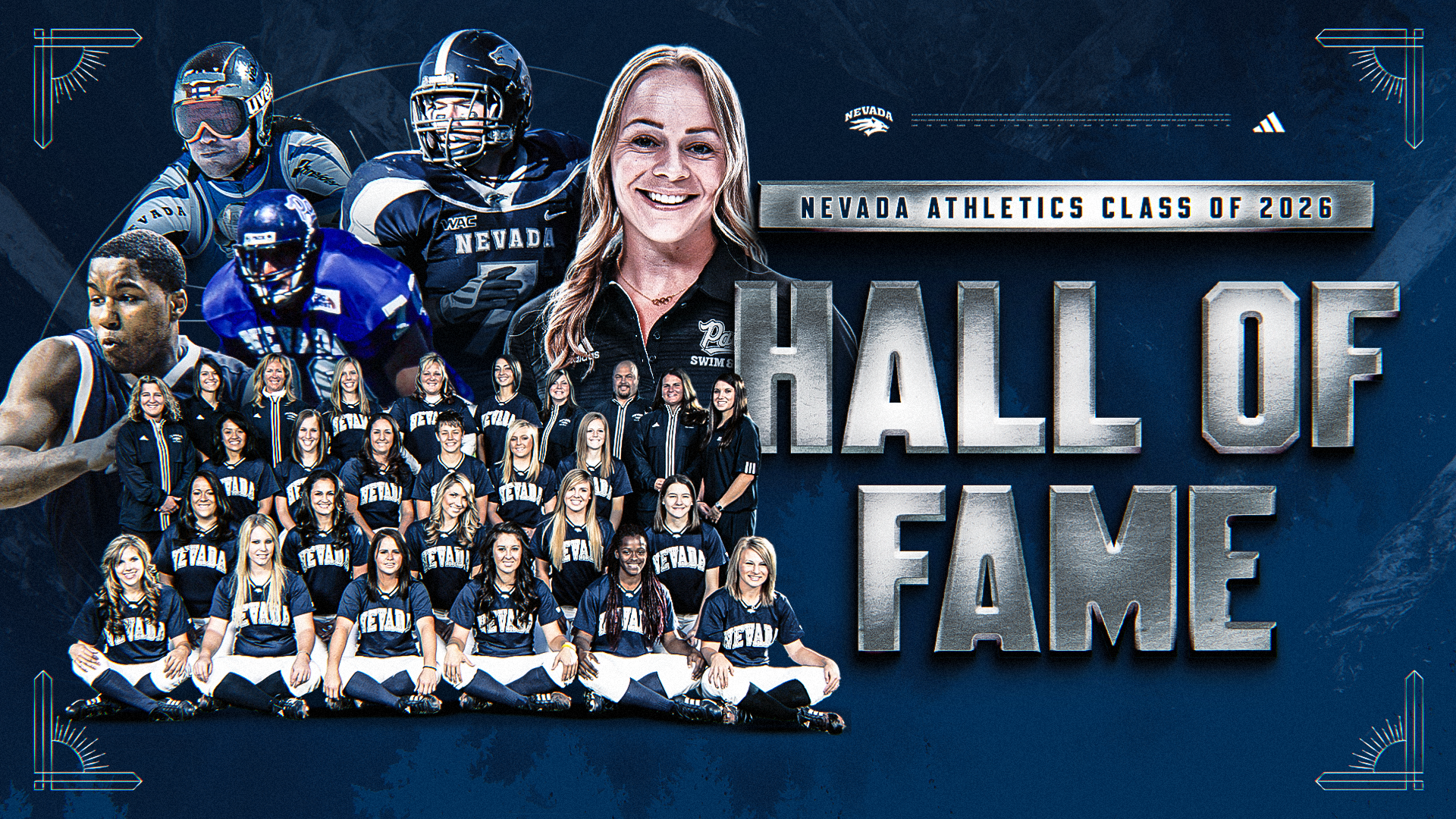 Images of the six Hall of Fame inductees with text NEVADA ATHLETICS CLASS OF 2026 HALL OF FAME