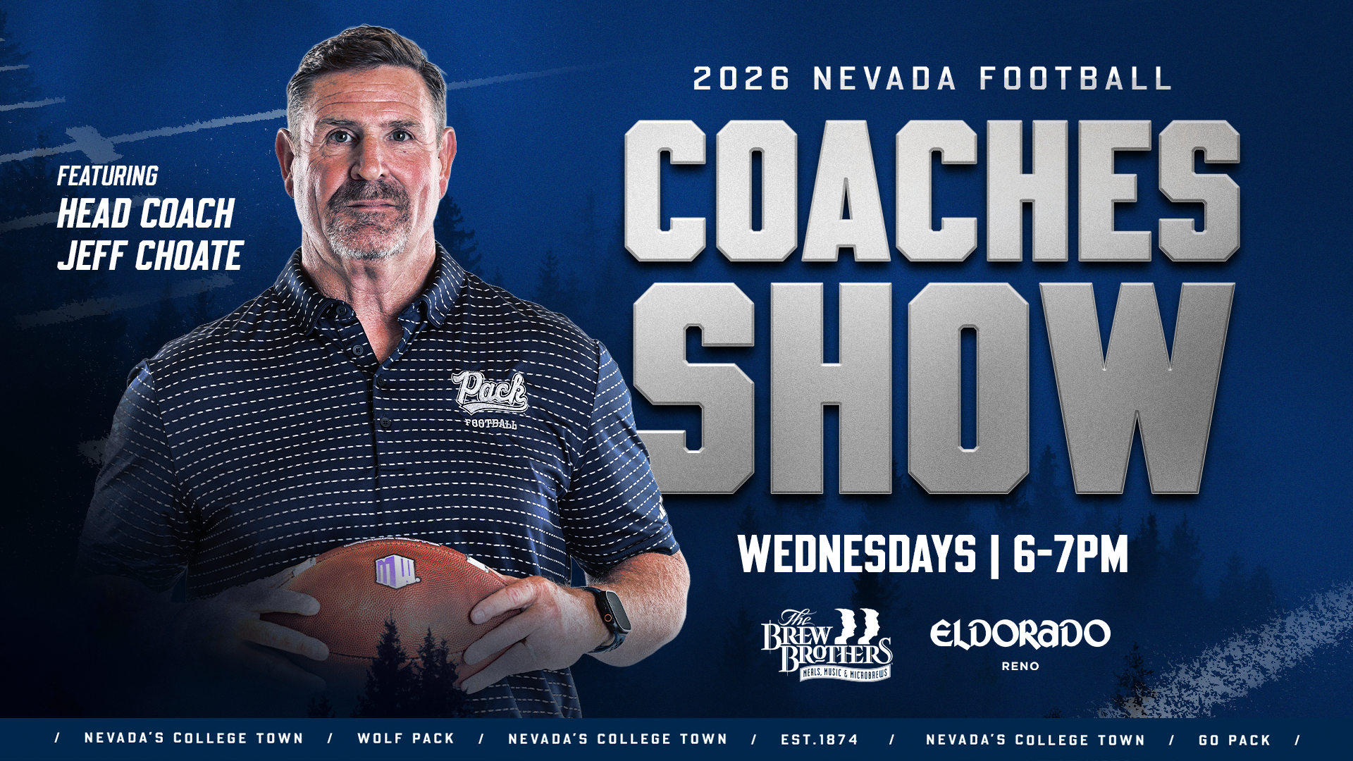 Image of Jeff Choate and text 2026 NEVADA FOOTBALL COACHES SHOW