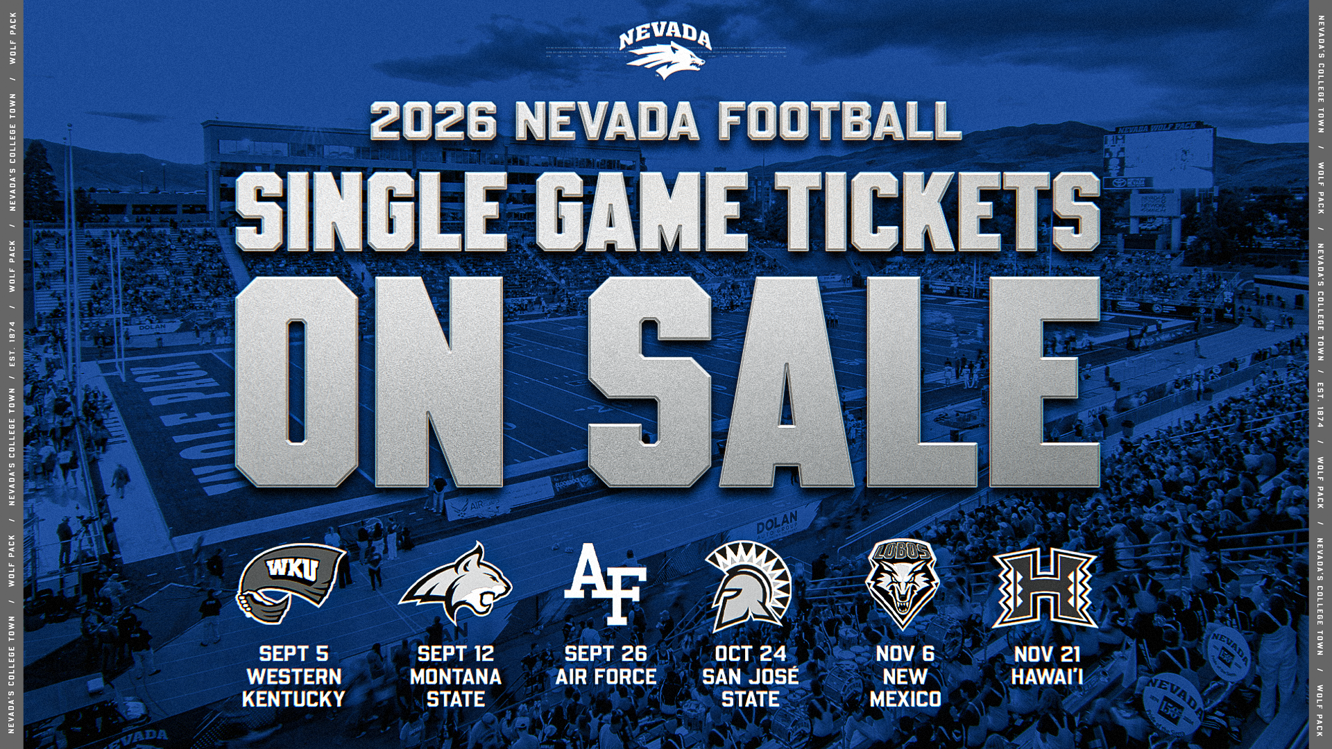 Image with navy blue background and text 2026 NEVADA FOOTBALL SINGLE-GAME TICKETS
