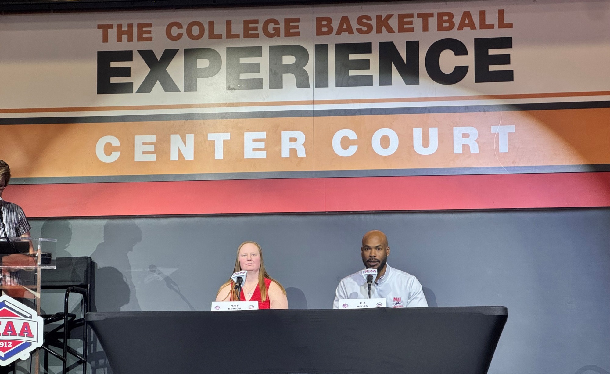 Coaches RJ Allen and Amy Briggs address the media