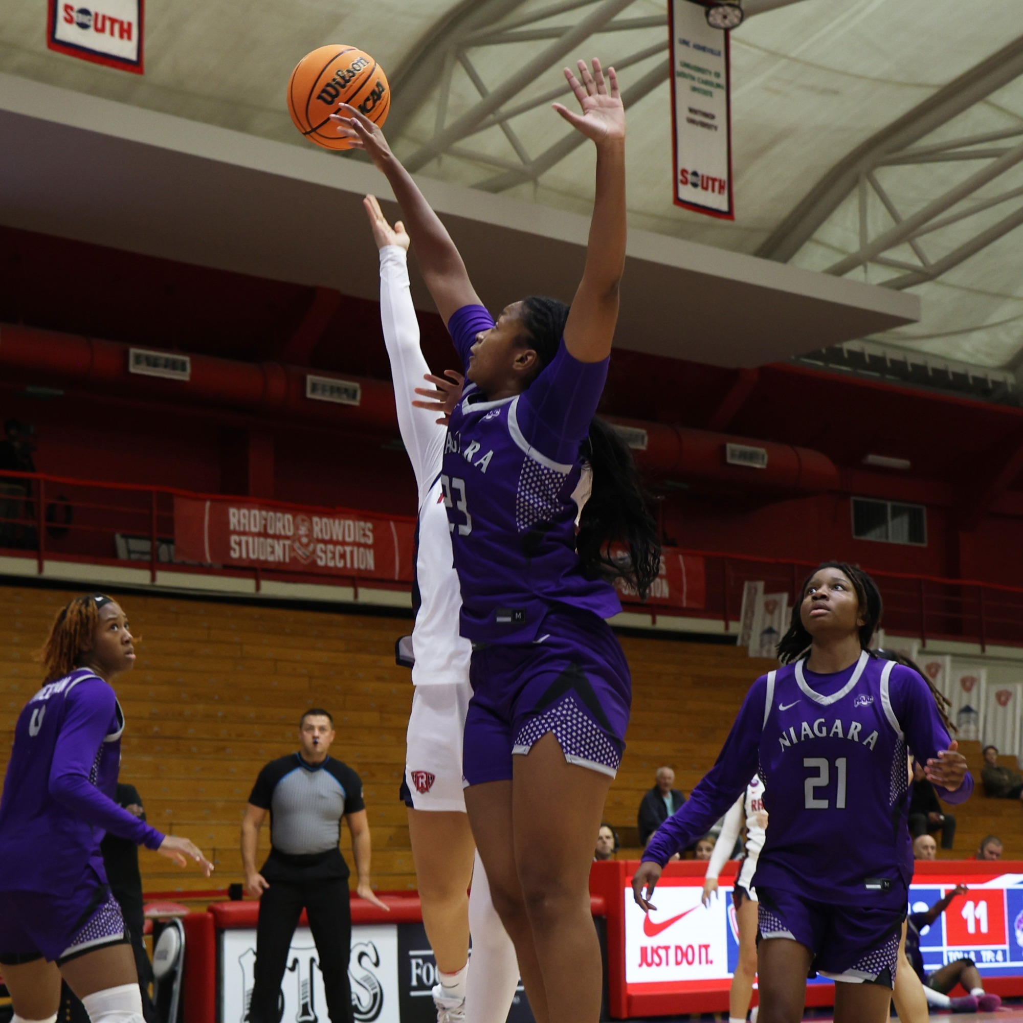 Jade Rutledge blocks a shot at Radford on 11/22