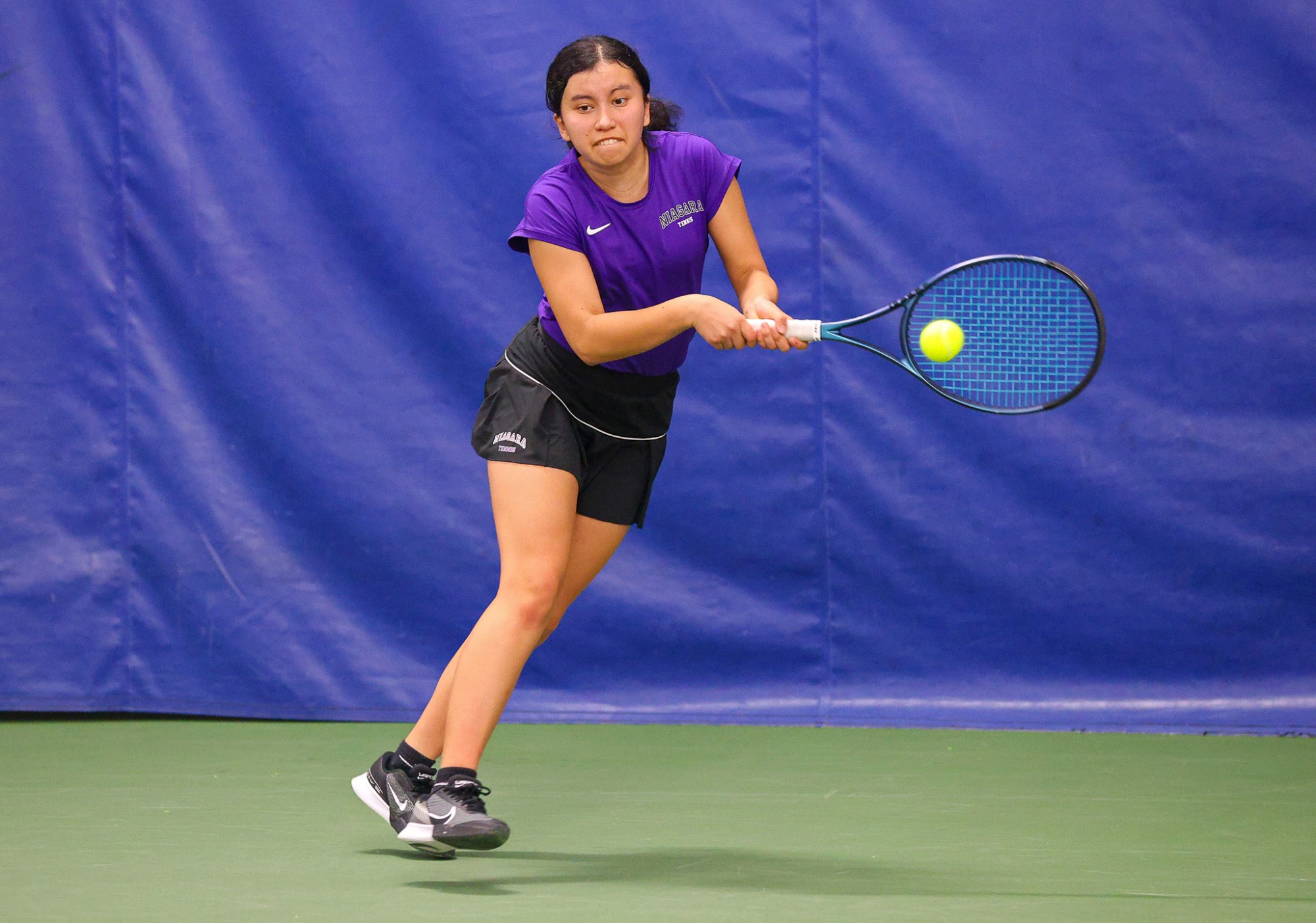 Niagara's Isabel Garcia during her singles match   against Penn State during their women's tennis match on Feb. 8, 2025.  Photo/Craig Houtz