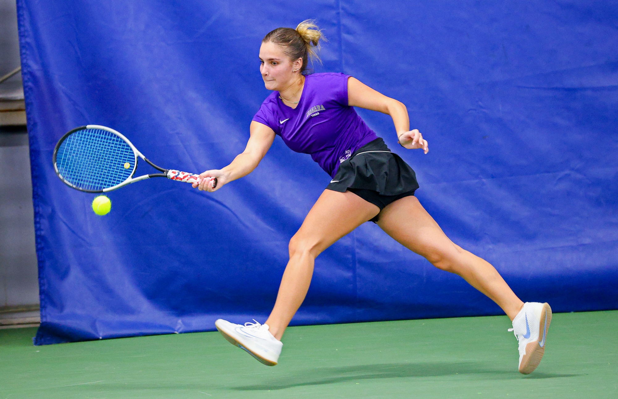 Niagara's Larisa Kotok during her singles match   against Penn State during their women's tennis match on Feb. 8, 2025.  Photo/Craig Houtz