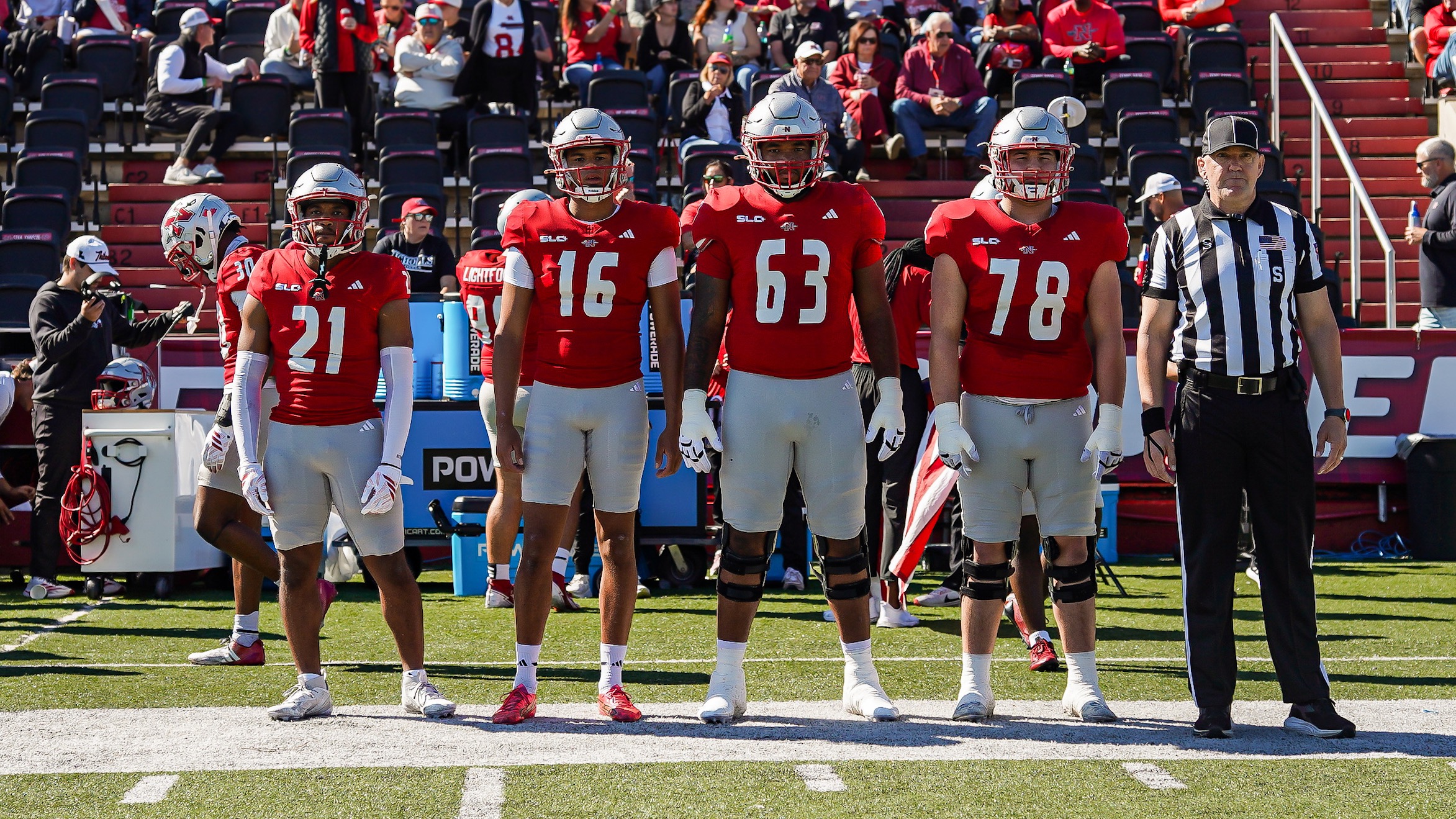 Team Captains Kasai Jones, Pharrell Harewood, Hamza Rahman and Trace Wegmann line up before the coin toss