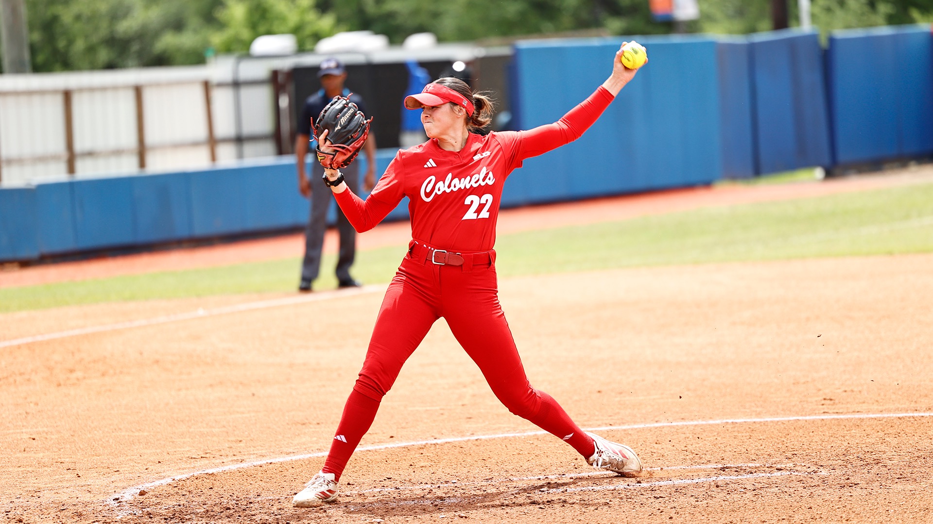 Molly Yoo throws a pitch for Nicholls softball at HCU