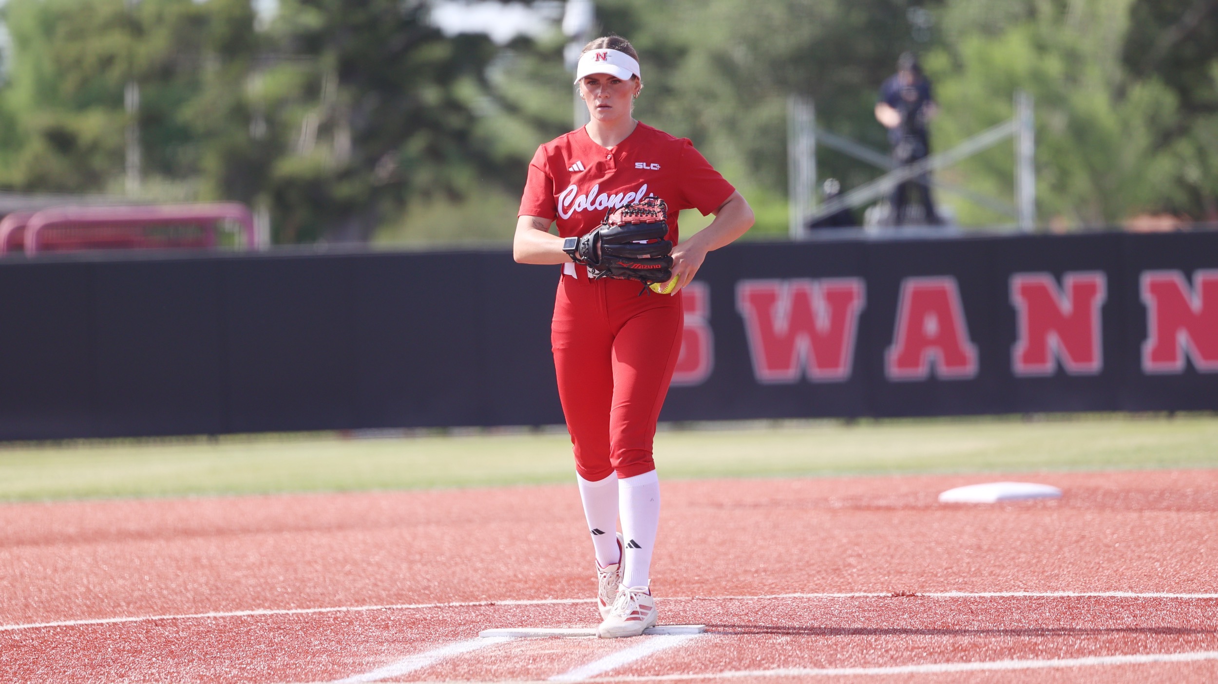 Averi Paden gets ready to deliver a pitch for Nicholls Softball