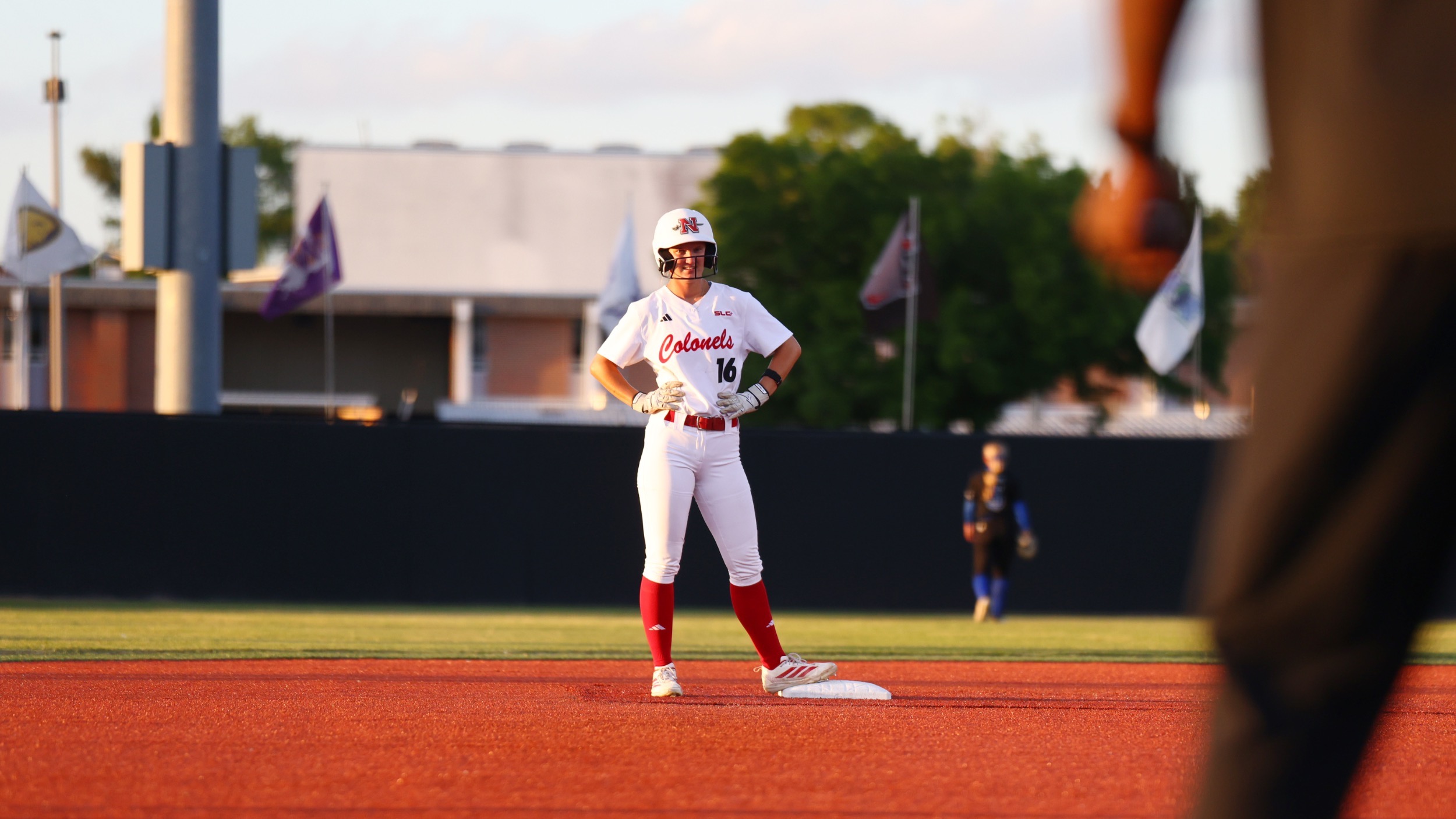 Reagan Heflin stands on second base at a Nicholls Softball game