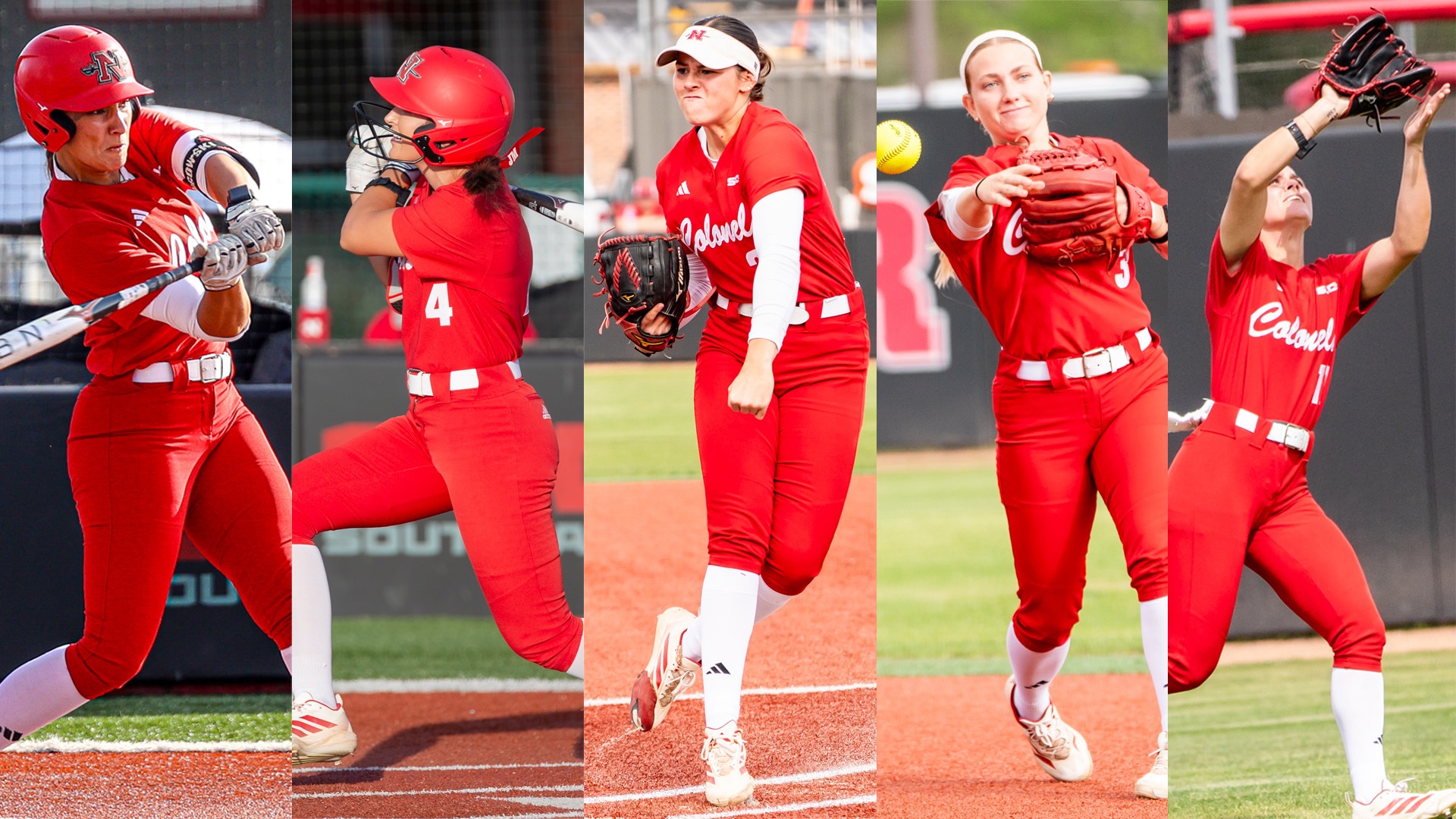 A photo collage of the five Nicholls softball players who were named All-Southland