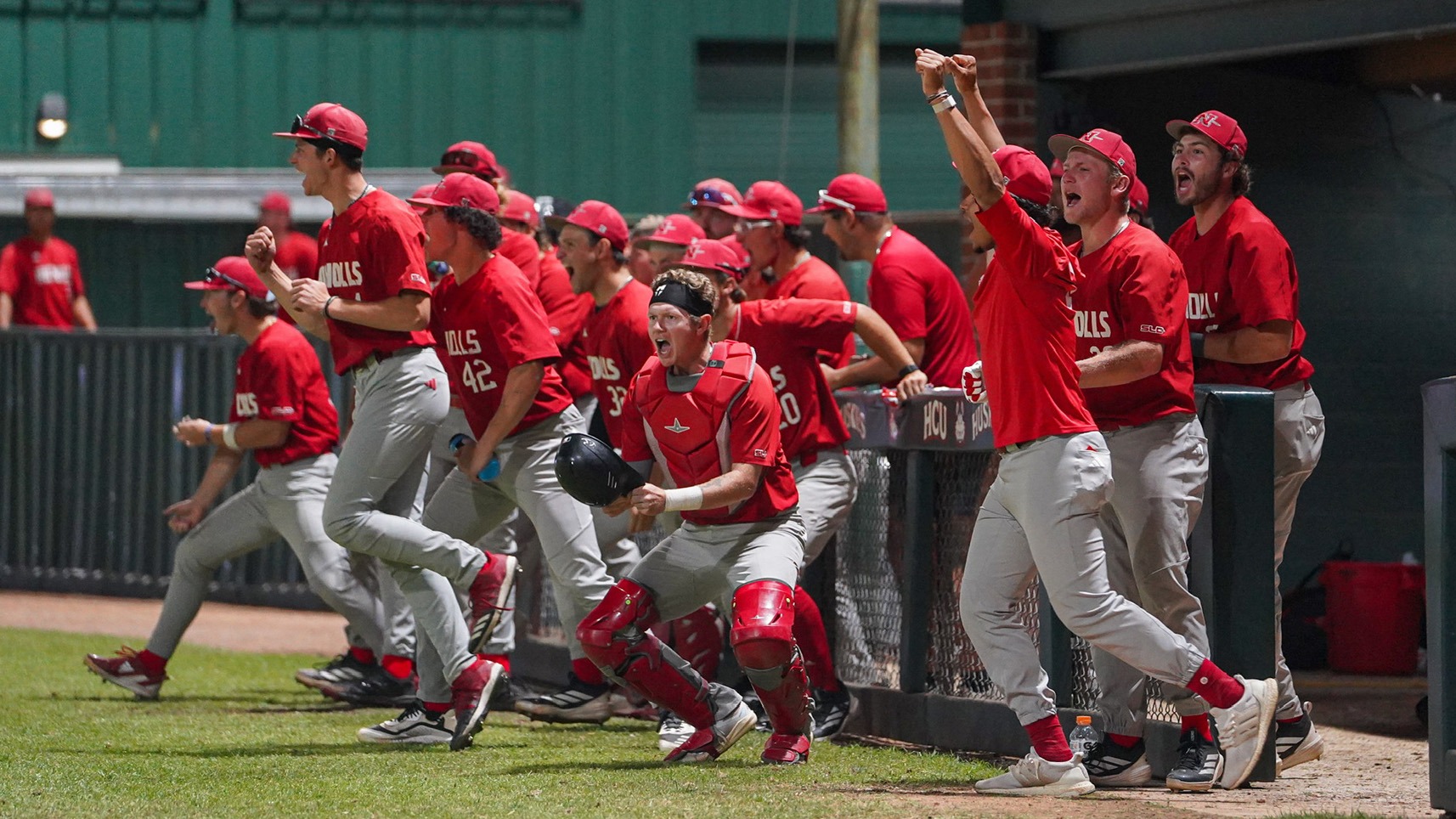 Nicholls BSB team Dugout Celebration at HCU