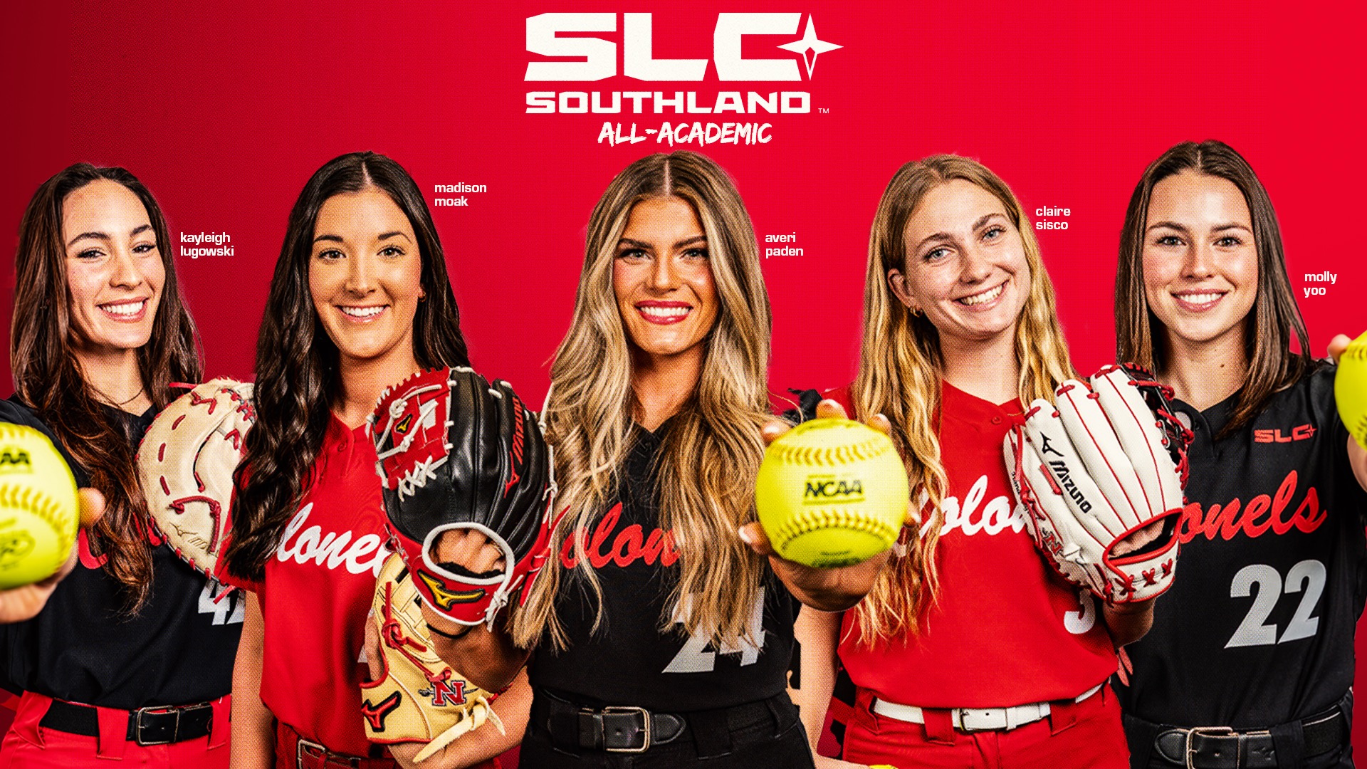 2026 Softball Academic honorees Kayleigh Lugowksi, Madison Moak, Averi Paden, Claire Sisco, and Molly Yoo