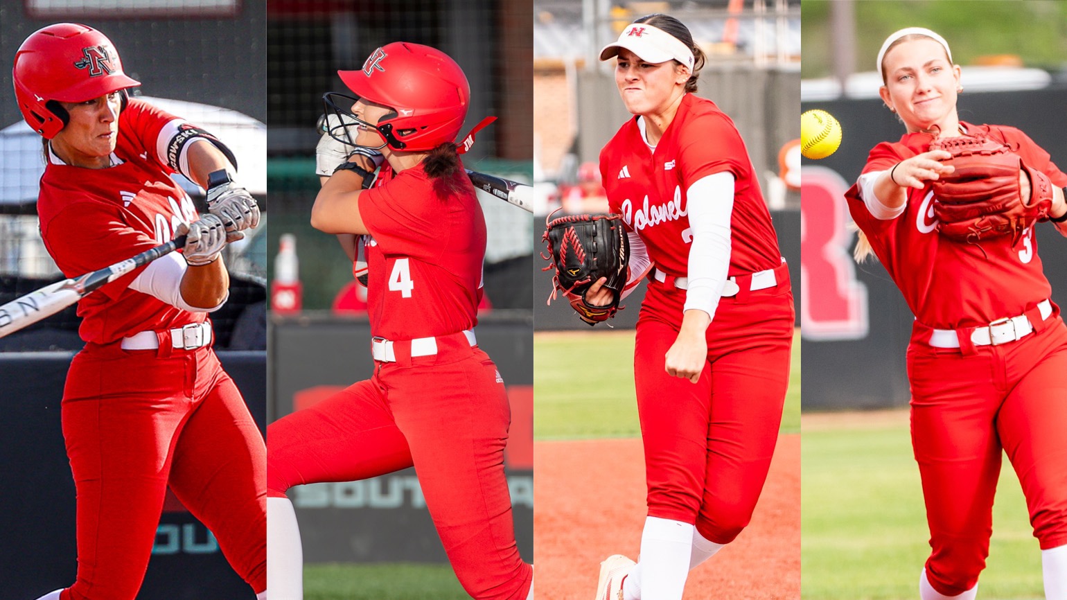 Actions shots of Nicholls softball players Kayleigh Lugowski, Madison Moak, Molly Yoo and Claire Sisco