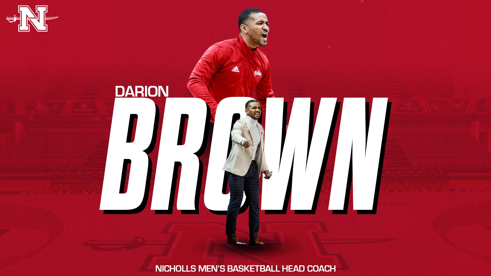 Graphic announcing Darion Brown as Head Coach for Nicholls Men's Basketball