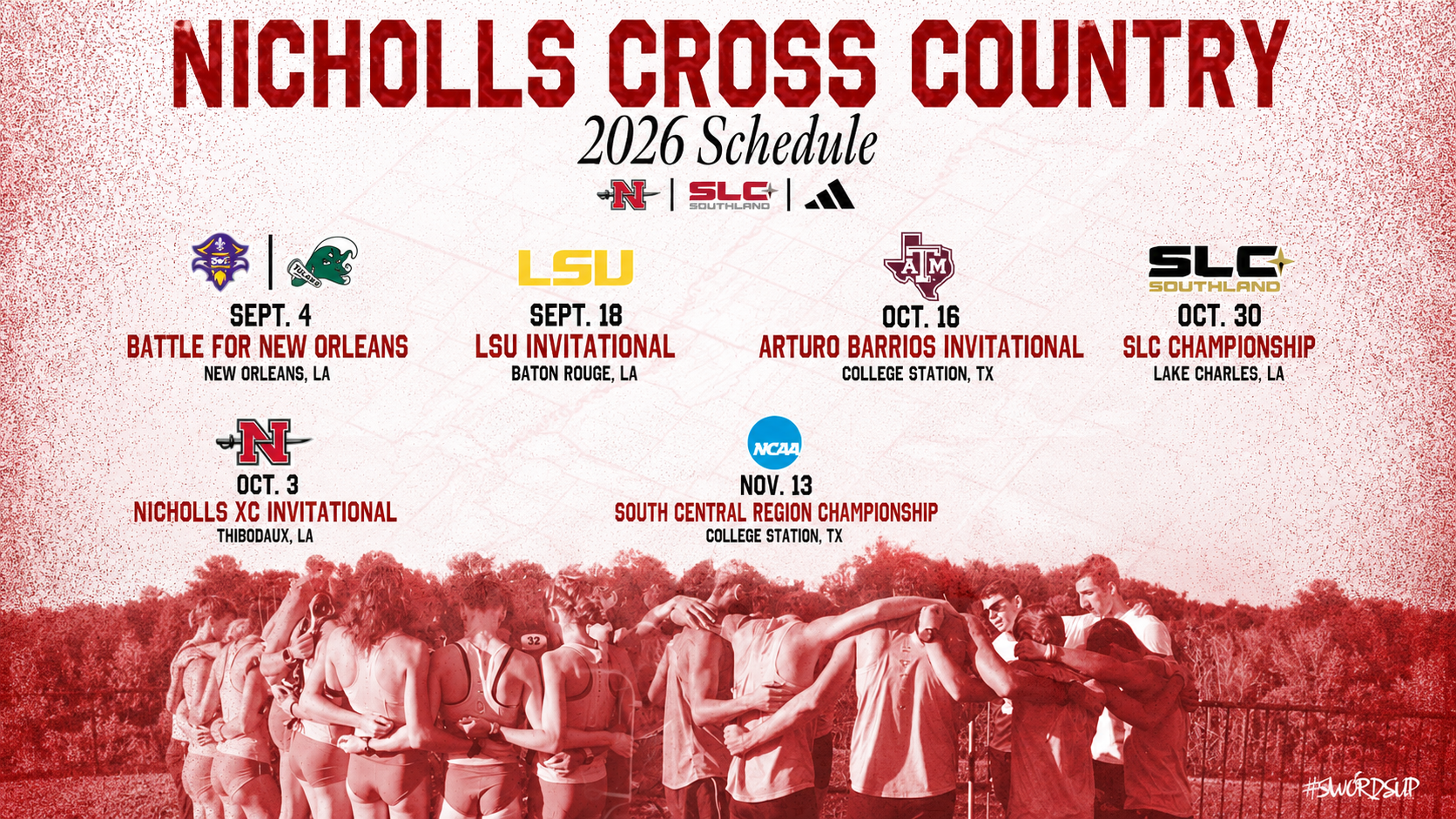 2026 Nicholls XC Schedule with contests in New Orleans, Baton Rouge, College Station, Texas, Lake Charles, Thibodaux and 
