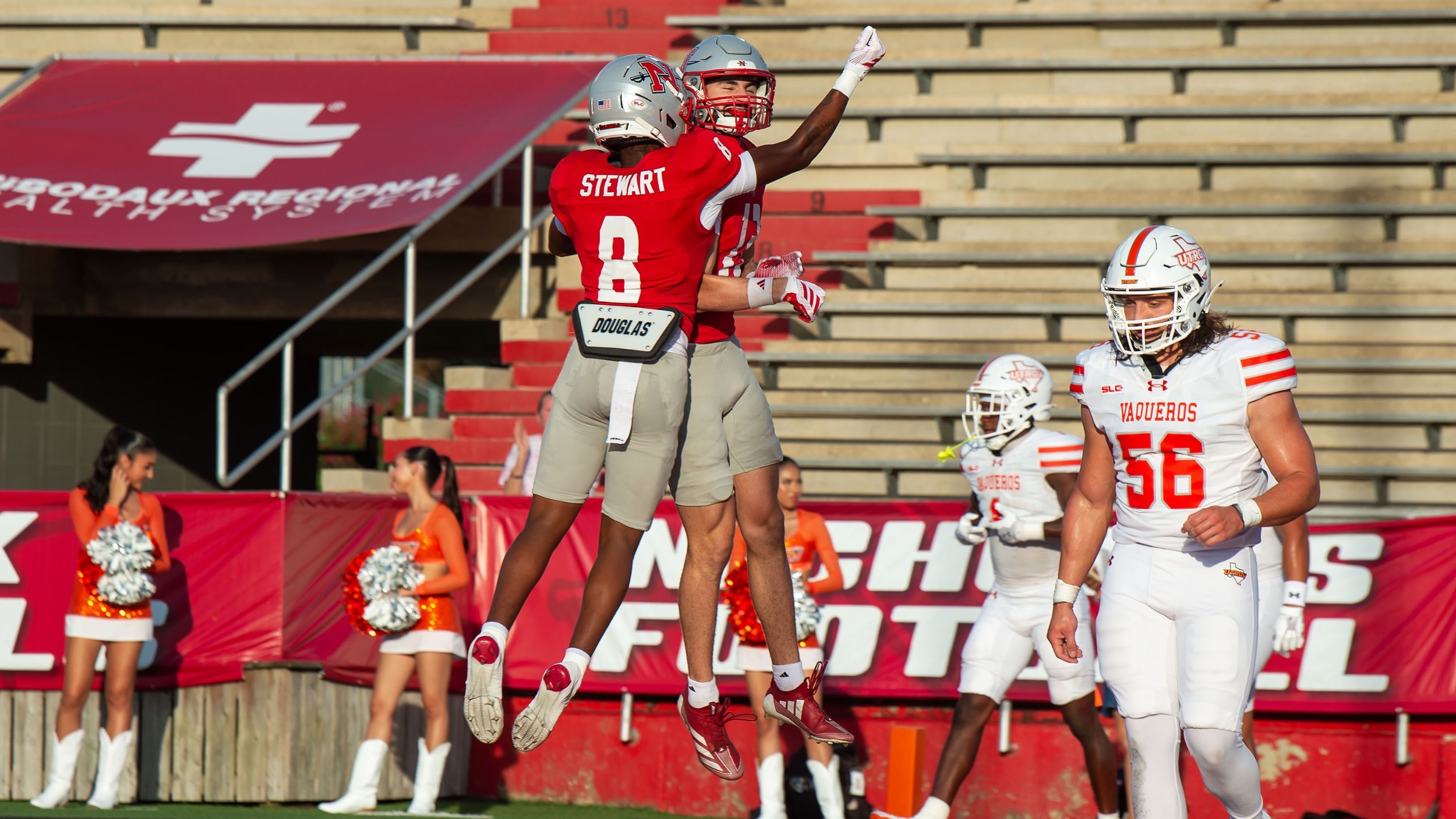 Jackson Dufrene and Ellis Stewart celebrate a touchdown in the Colonels' win over UTRGV