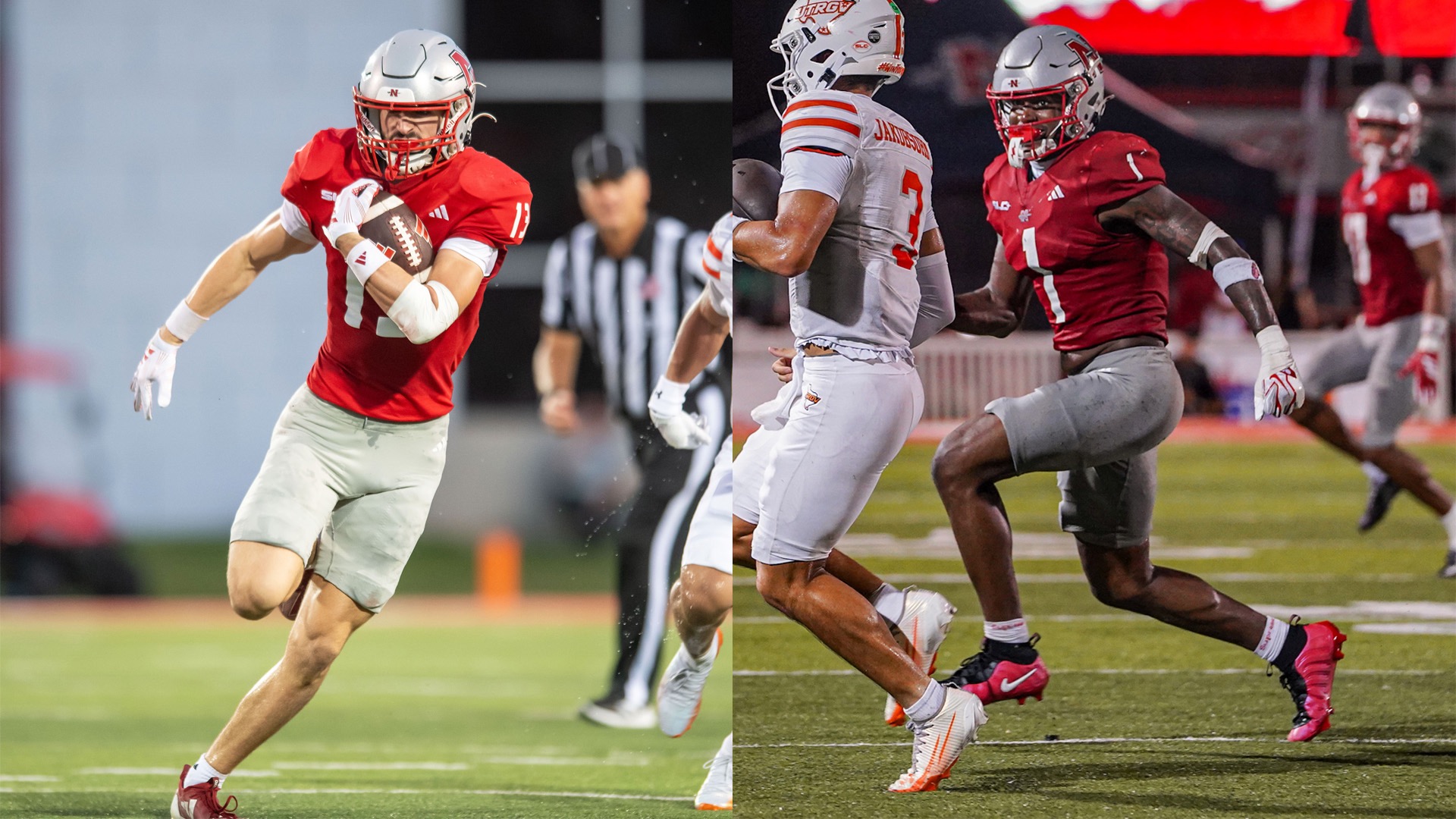 Nicholls Football players Jackson Dufrene and Kennon Loftin in action