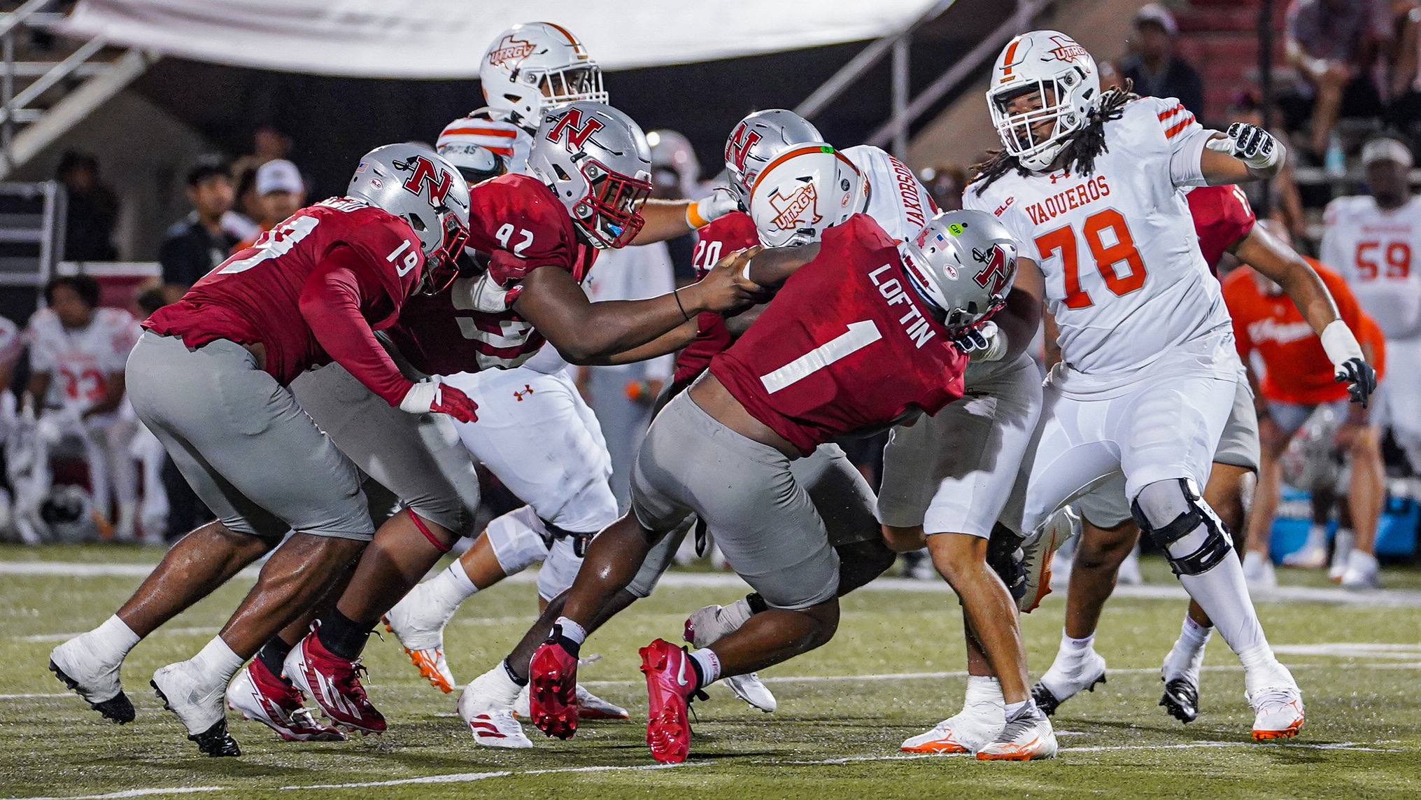 The Nicholls defense gang tackles against UTRGV