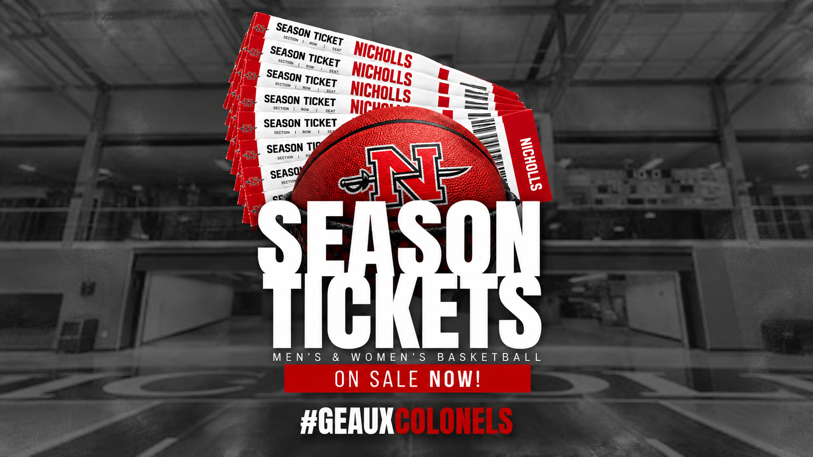 Graphic announcing nicholls basketball tickets are on sale