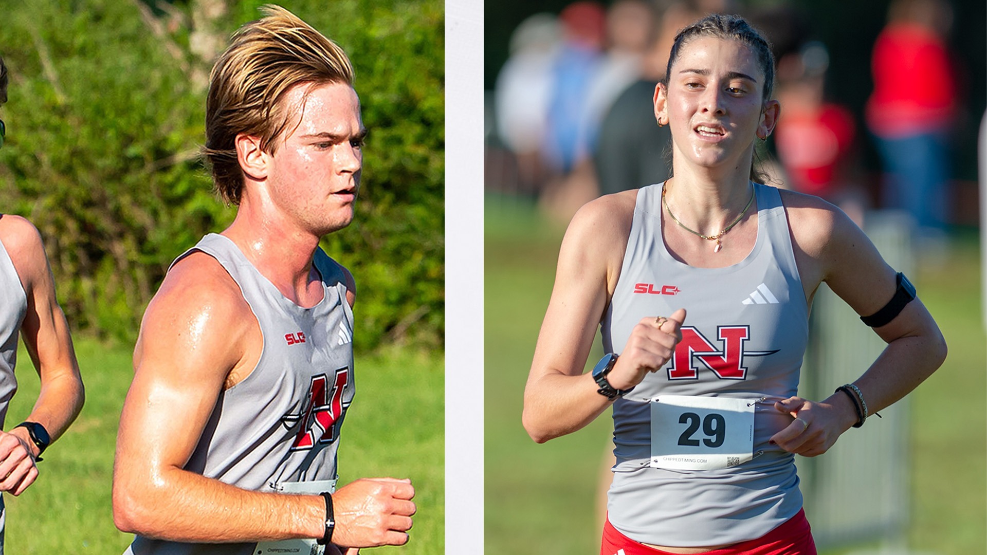 Mason Heffernan and Ana Letran Cartes run races during a cross country event. 