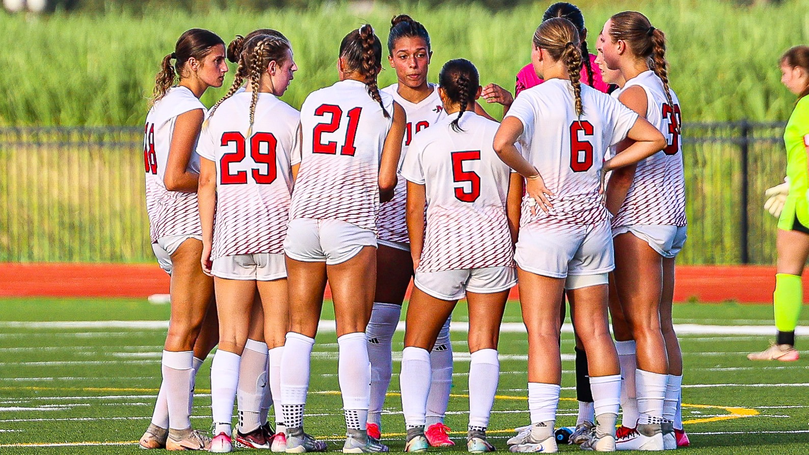 Nicholls soccer team huddles up prior to match
