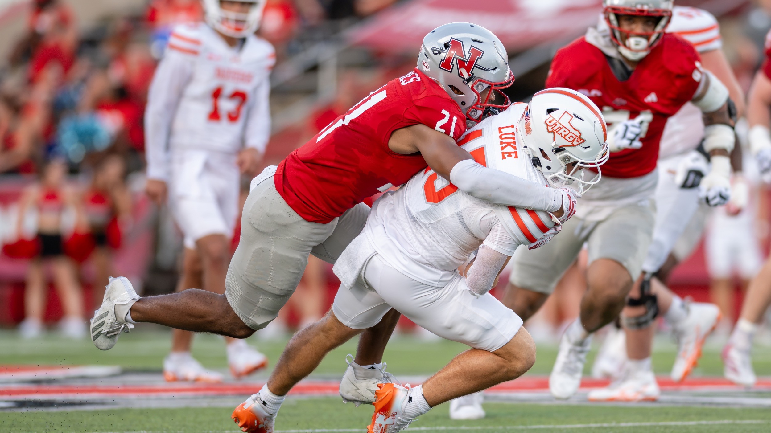 Kasai Jones makes a tackle for Nicholls Football against UTRGV