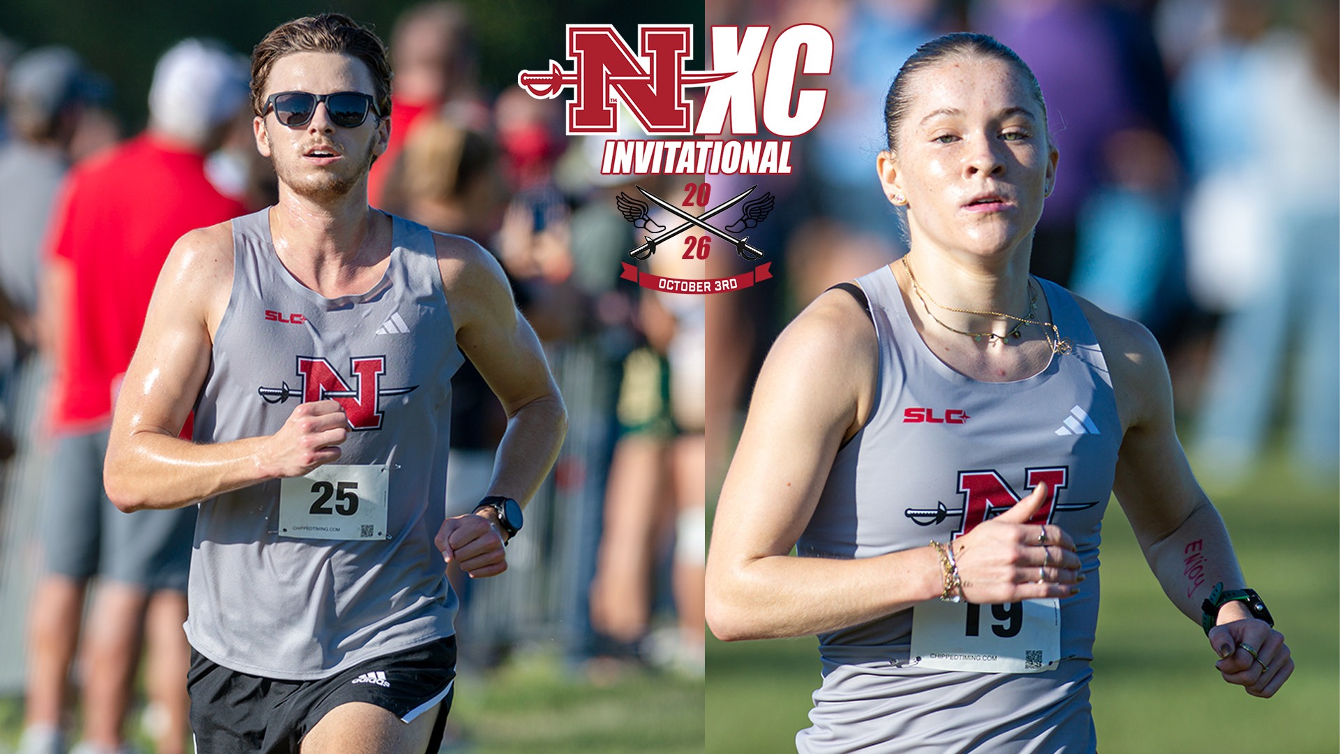 Nicholls cross country runners Isabelle Seijlhouwer and Brady Sins run during annual cross country meet