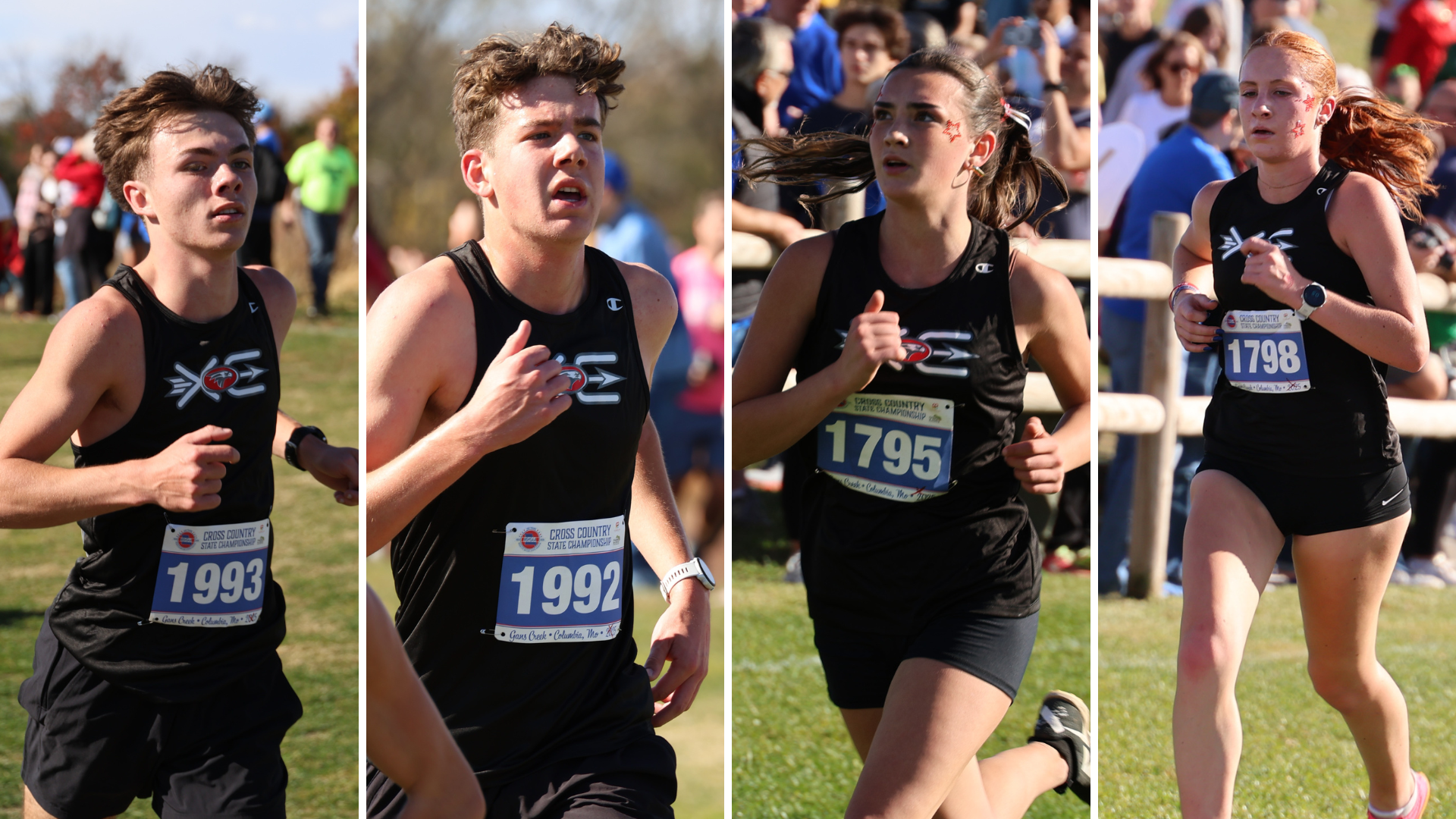 (L-R) Dylan Mabe, Gage Holmes, Meliah Copley, Mackinze Harris run at the cross country state meet. 