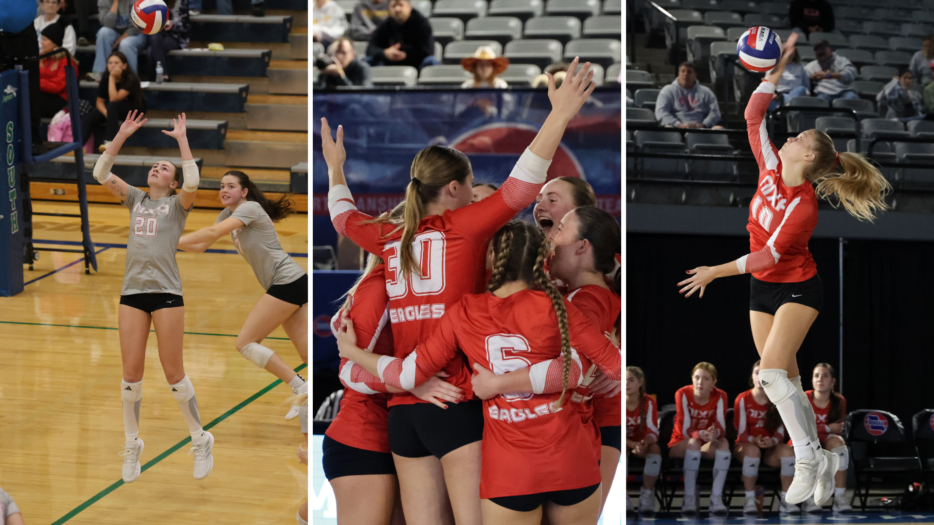 Volleyball action shots (l-r) Taylor Wood, team celebrating a point, and Addy Bybee