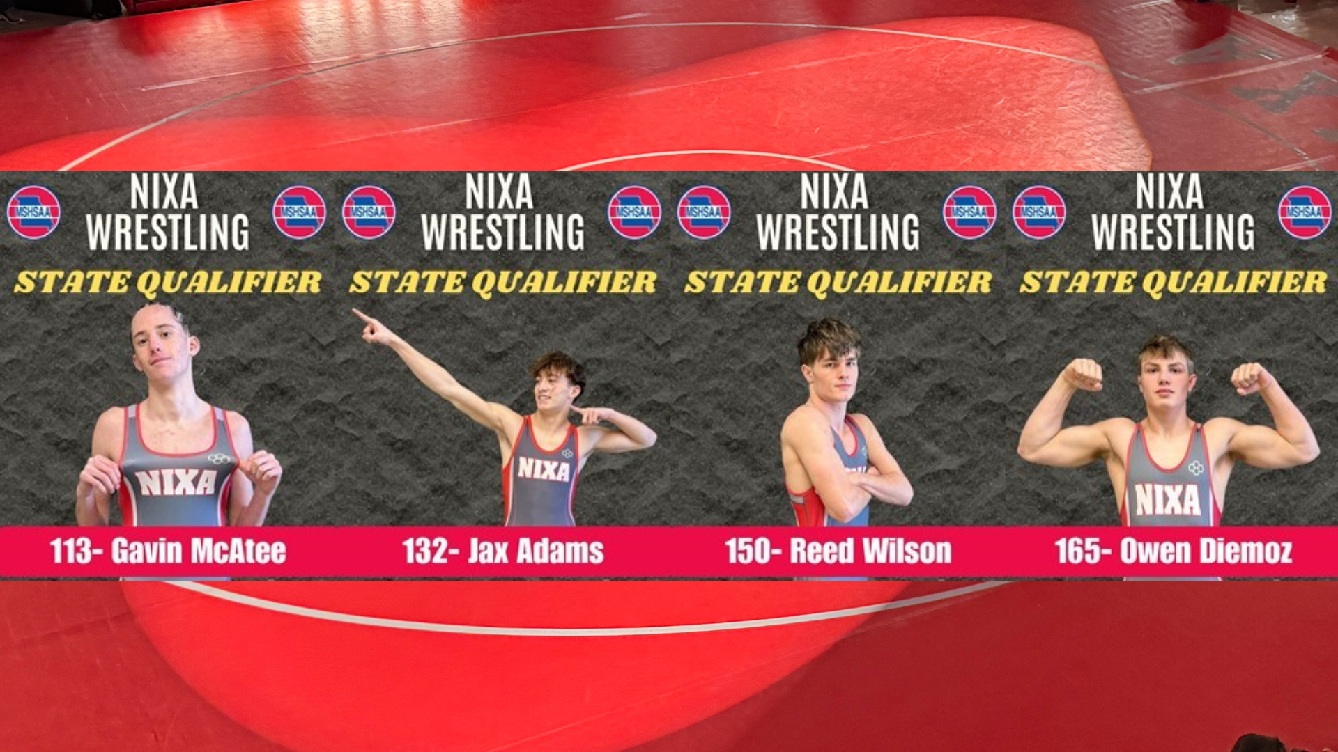 Nixa boys wrestling state qualifiers (l-r): Gavin McAtee, Jax Adams, Reed Wilson, Owen Diemoz