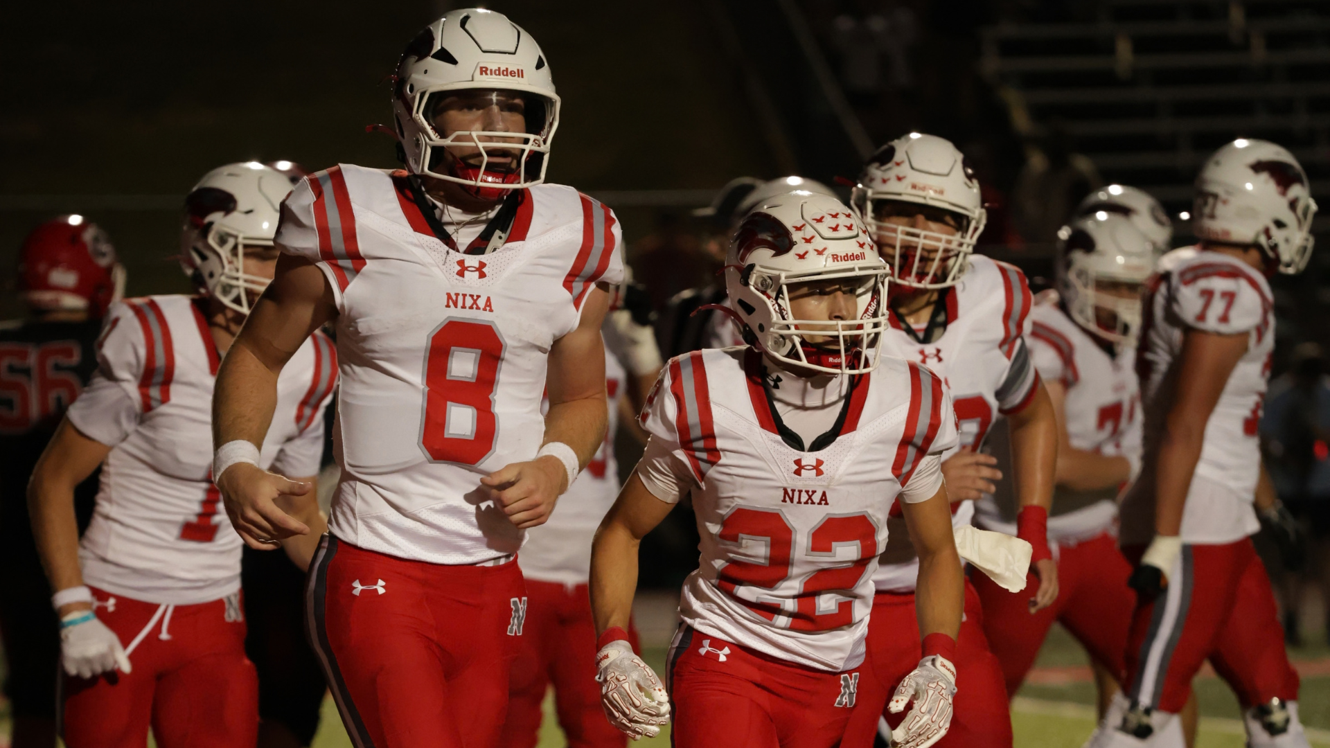Nixa football vs Ozark on Sept. 25. Pictured Adam McKnight and Jax Adams after a touchdown.