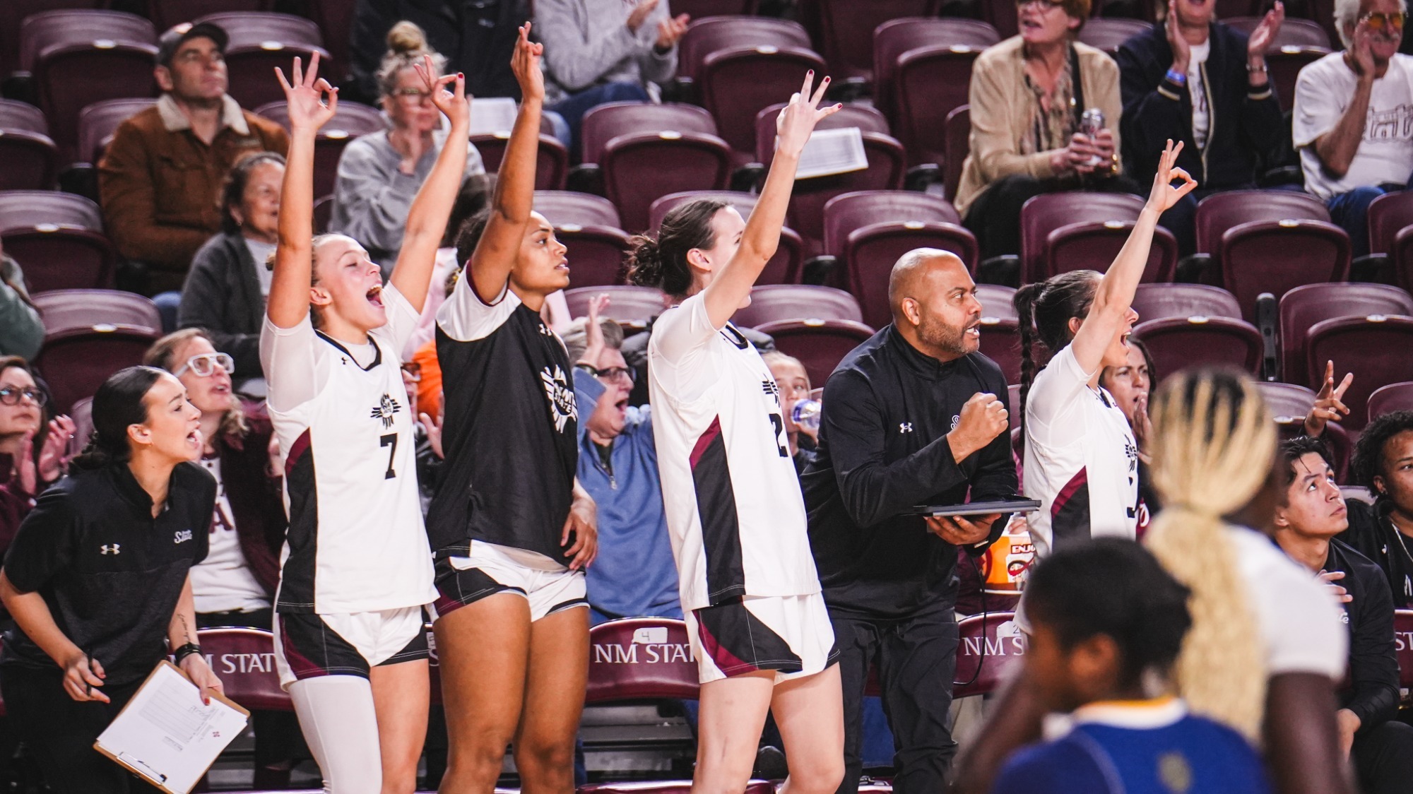 Team bench celebrating a made 3-pointer during game against UC Irvine (12/16)
